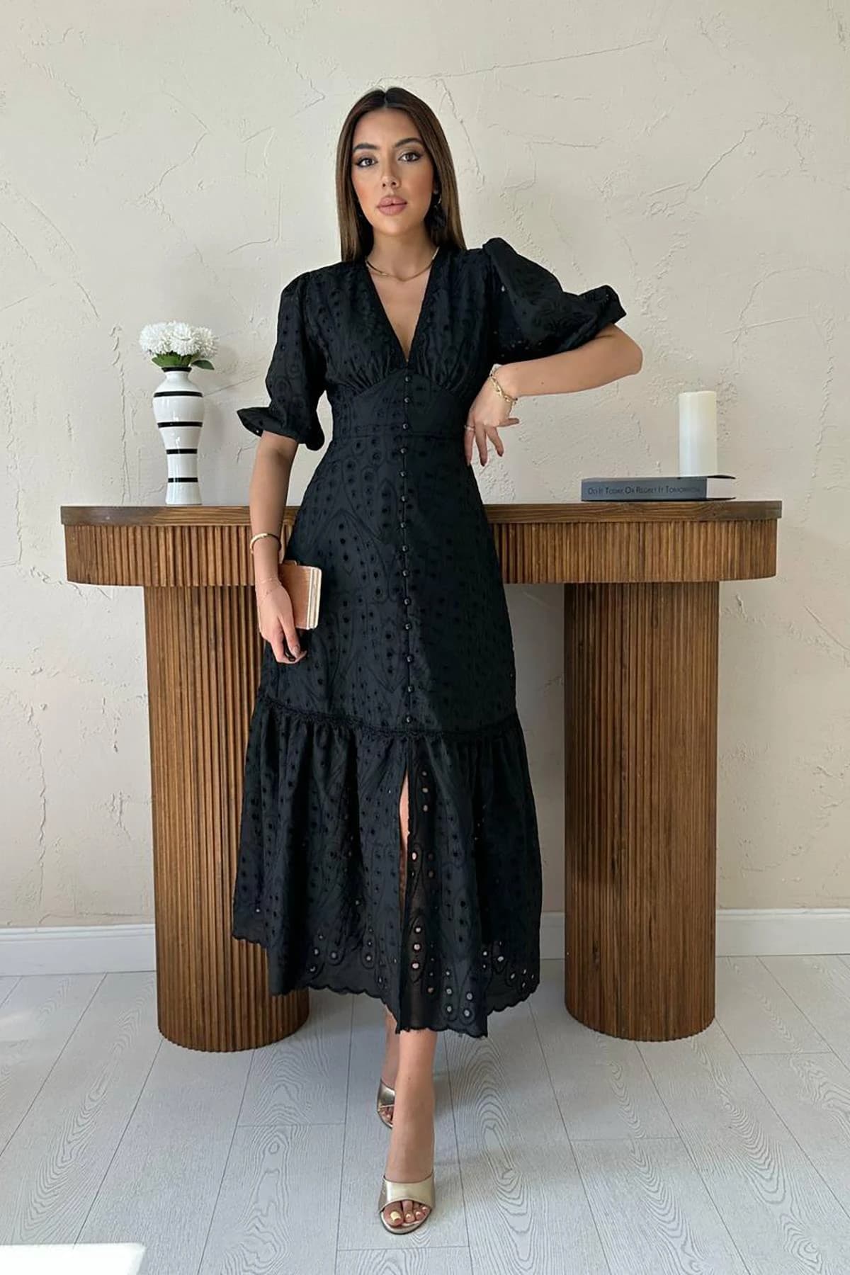 Black Eyelet Midi Dress Button Front V Neck Short Sleeve Summer Dress Cotton Broderie Anglaise detailed view 3