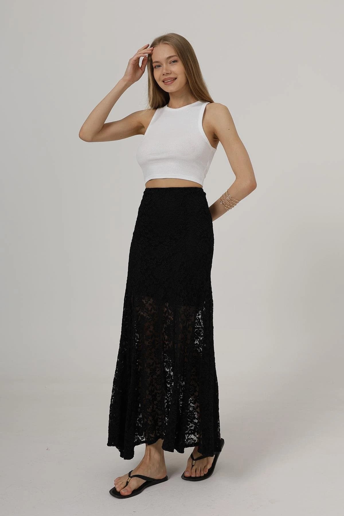 Black Lace Maxi Skirt Boho Feminine Long Skirt Transparent Lace Overlay