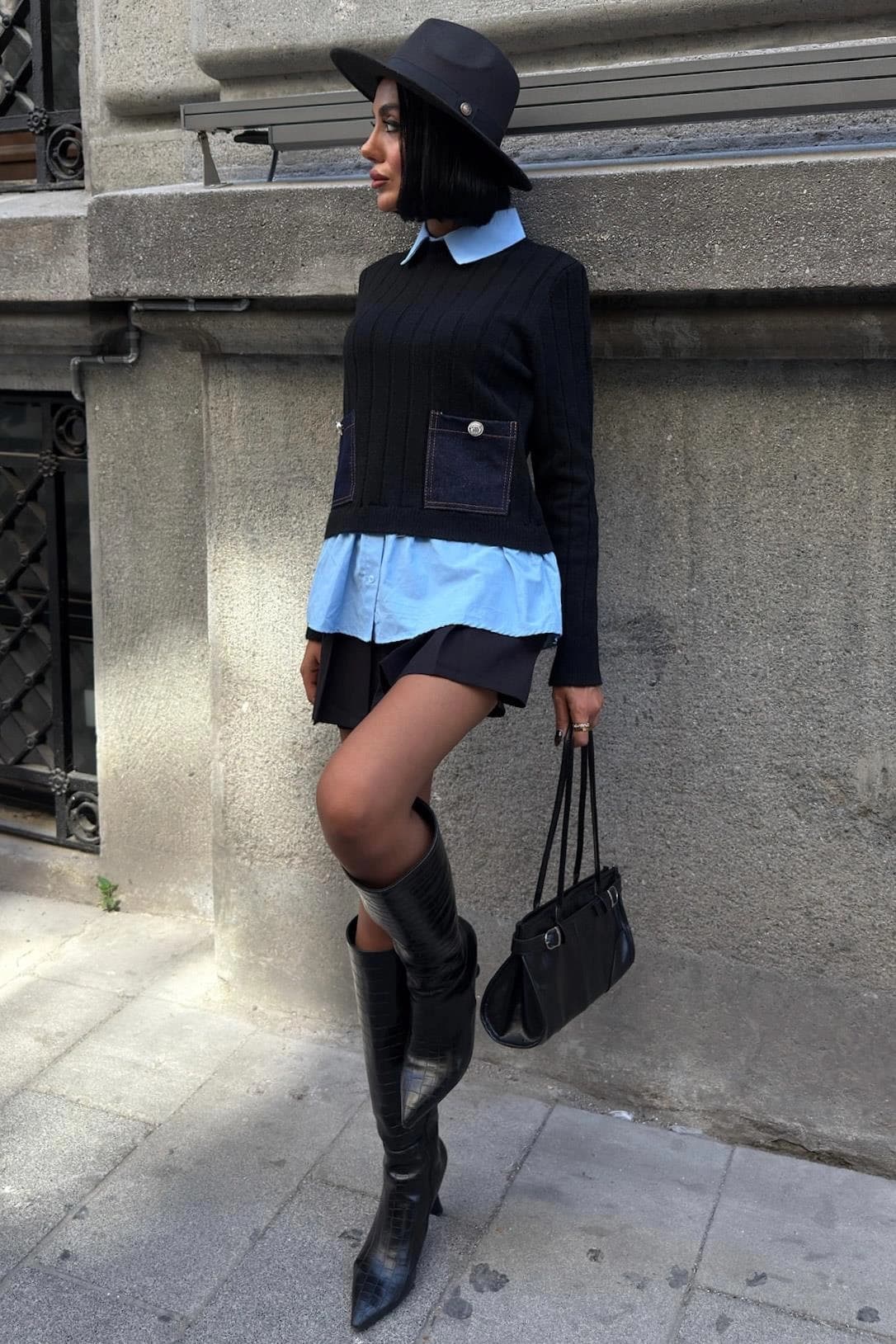 Black Layered-Collar Sweater with Denim Pockets — Cropped Ribbed Knit 2-in-1 Preppy Pullover - görsel 1