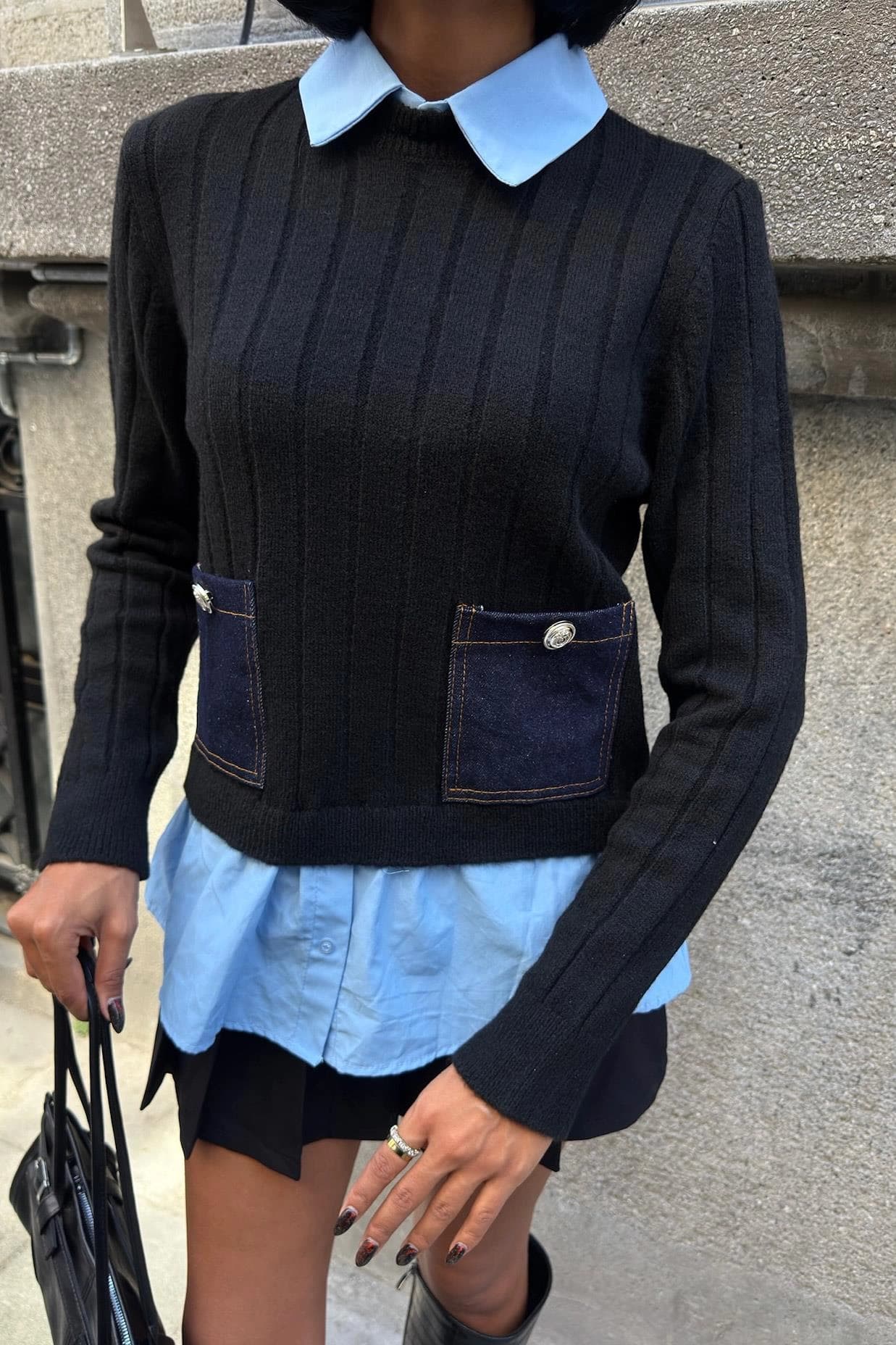 Black Layered-Collar Sweater with Denim Pockets — Cropped Ribbed Knit 2-in-1 Preppy Pullover - ana görsel