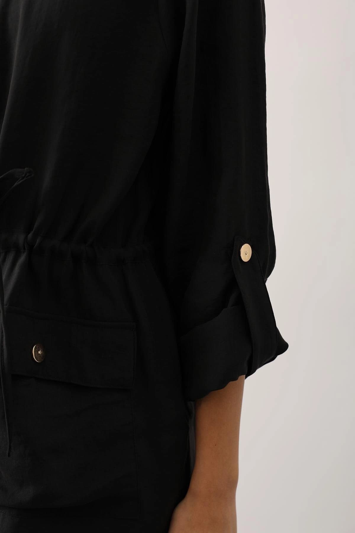 Black Linen Two-Piece Suit Set with Button Front Drawstring Jacket & Wide Leg Pants – Elegant, Relaxed Fit Women's Outfit - görsel 2