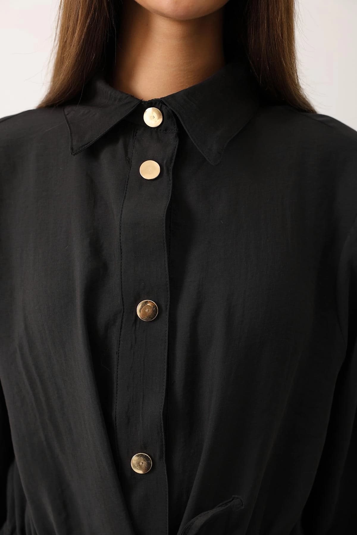 Black Linen Two-Piece Suit Set with Button Front Drawstring Jacket & Wide Leg Pants – Elegant, Relaxed Fit Women's Outfit - görsel 3