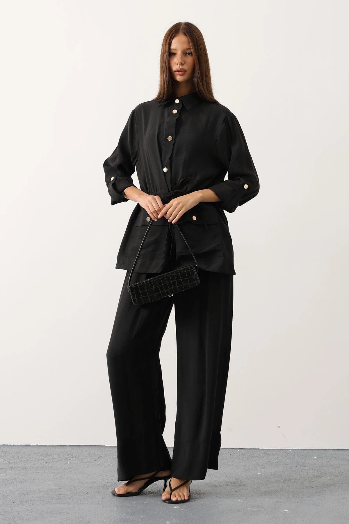 Black Linen Two-Piece Suit Set with Button Front Drawstring Jacket & Wide Leg Pants – Elegant, Relaxed Fit Women's Outfit - görsel 4