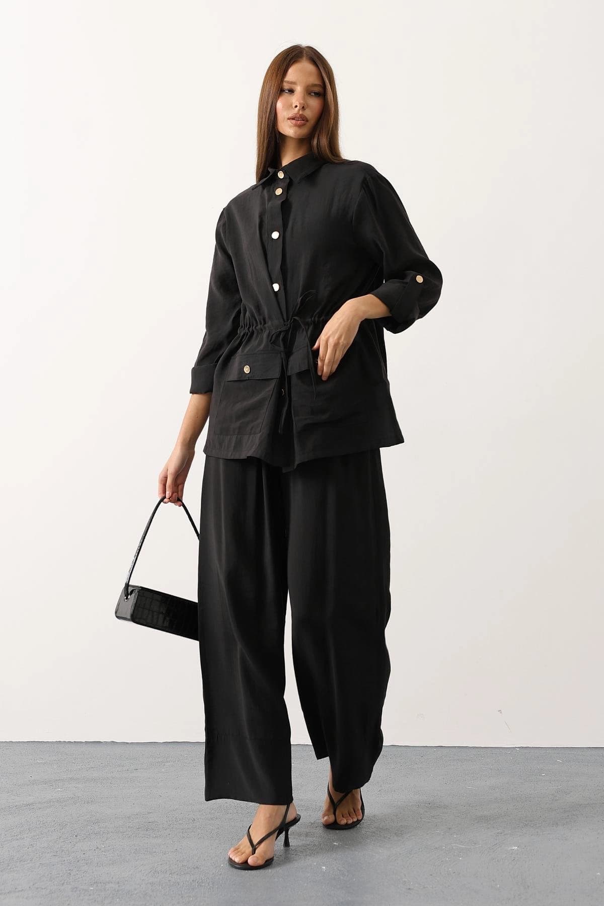 Black Linen Two-Piece Suit Set with Button Front Drawstring Jacket & Wide Leg Pants – Elegant, Relaxed Fit Women's Outfit - görsel 5