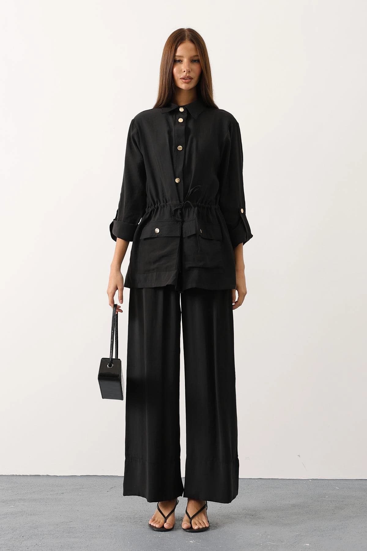 Black Linen Two-Piece Suit Set with Button Front Drawstring Jacket & Wide Leg Pants – Elegant, Relaxed Fit Women's Outfit - görsel 7