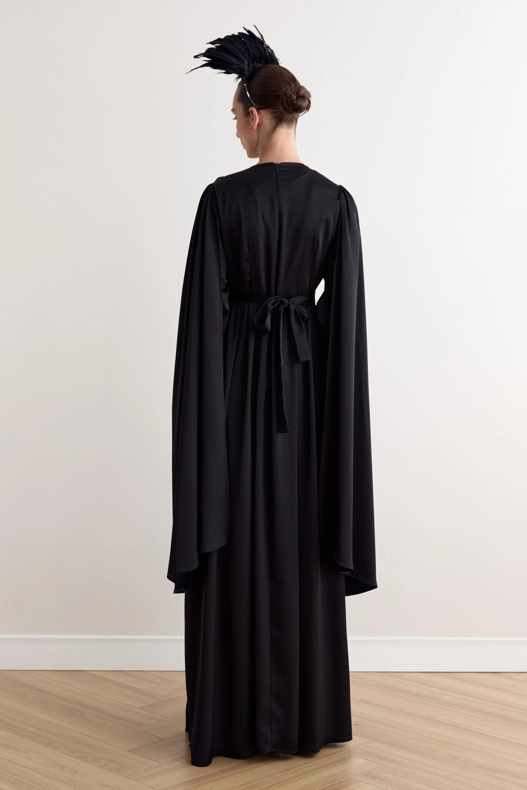 Black Long Sleeve Maxi Dress Formal Evening Gown Elegant Gothic Victorian Style Belted Floor Length - görsel 4