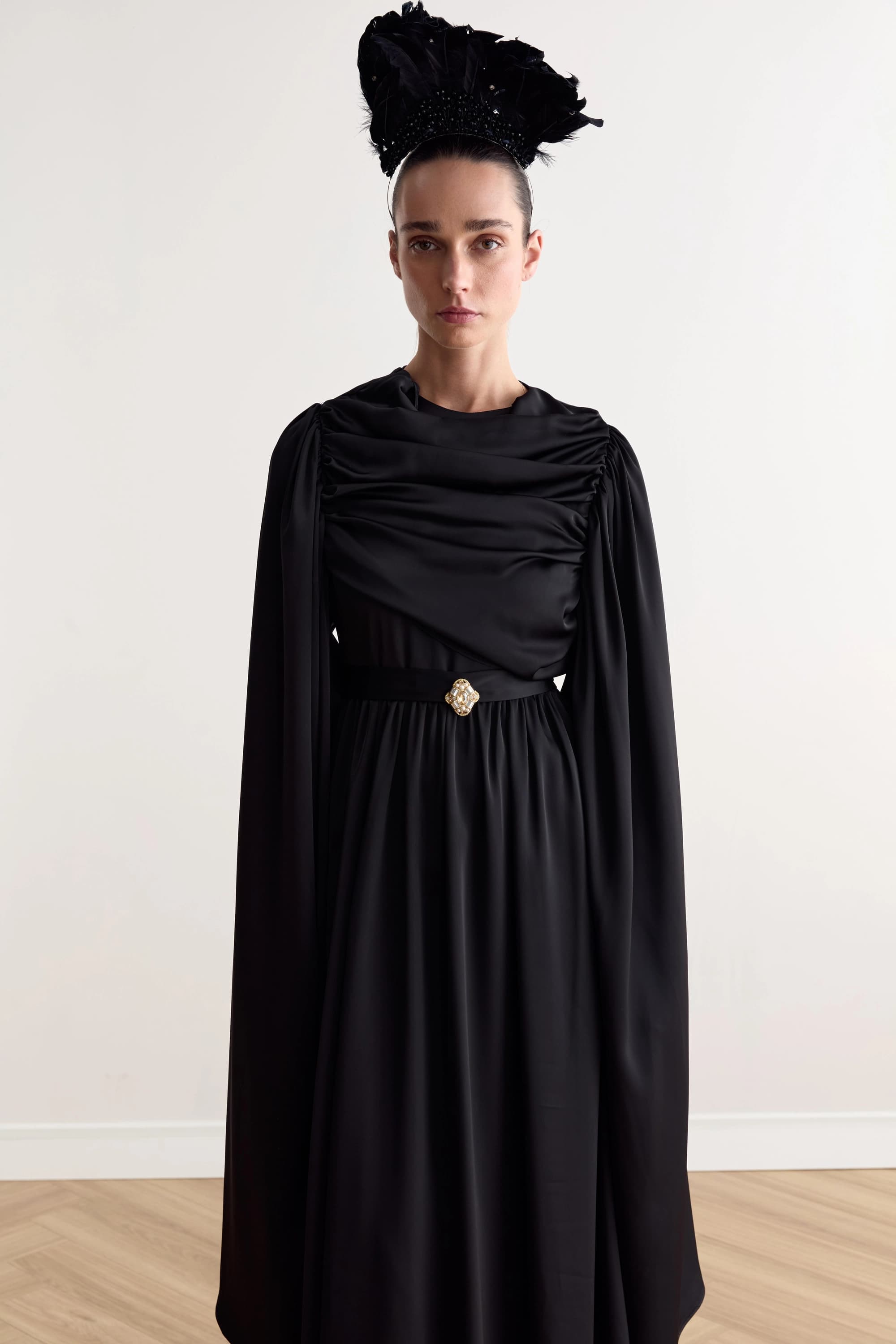 Black Long Sleeve Maxi Dress Formal Evening Gown Elegant Gothic Victorian Style Belted Floor Length - görsel 2