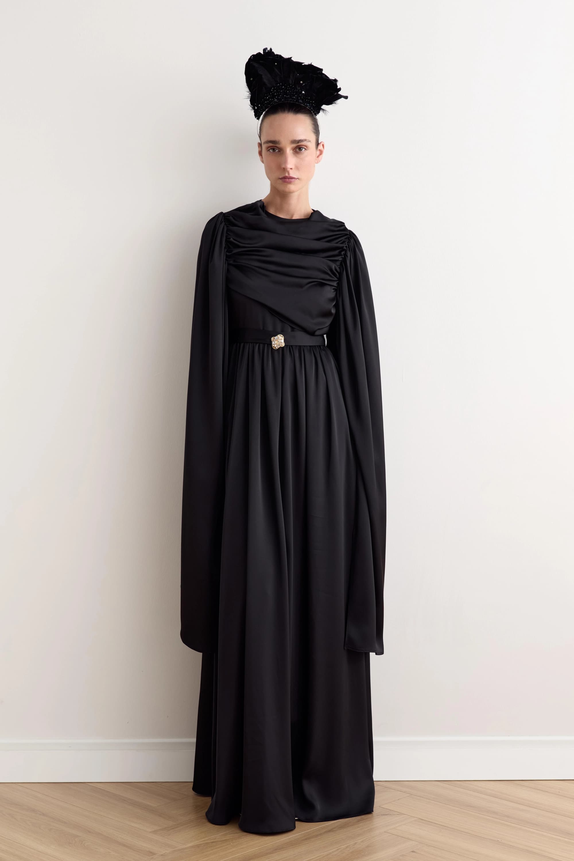 Black Long Sleeve Maxi Dress Formal Evening Gown Elegant Gothic Victorian Style Belted Floor Length - görsel 3