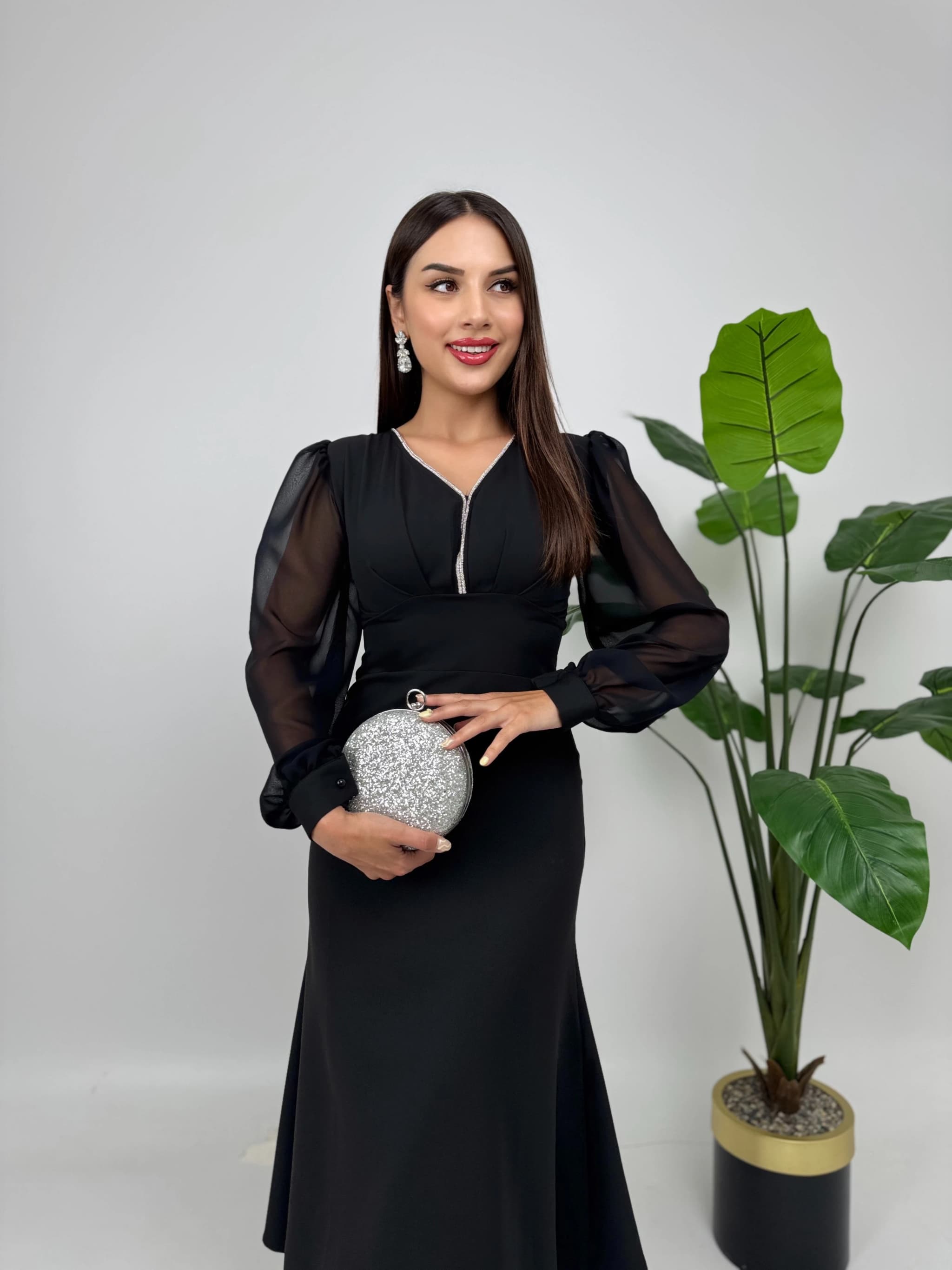 Black Midi Dress Long Sleeve Formal Evening Cocktail Dress Sheer Sleeve Zipper Front Dress Bridal Guest Gown detailed view 4