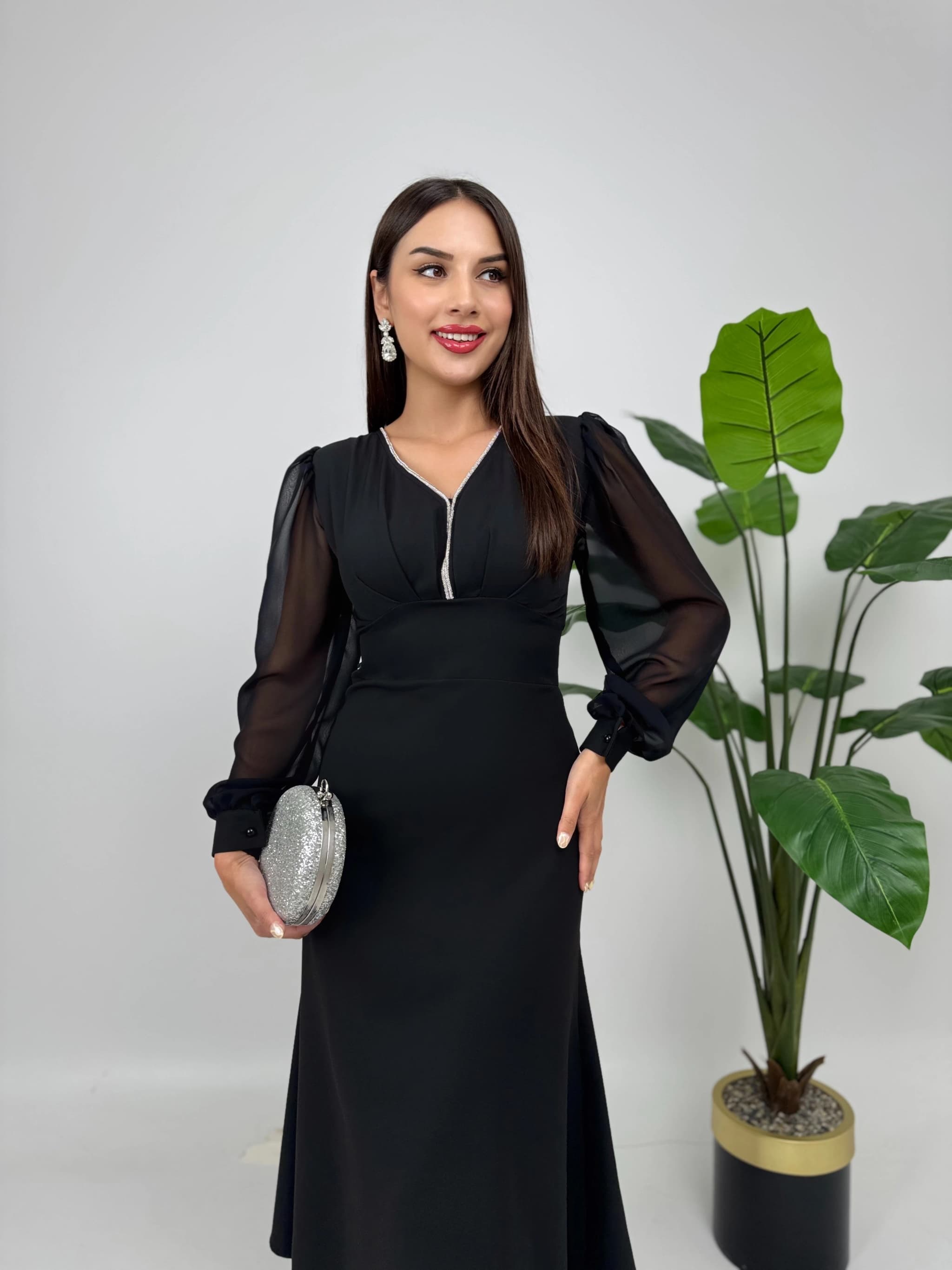 Black Midi Dress Long Sleeve Formal Evening Cocktail Dress Sheer Sleeve Zipper Front Dress Bridal Guest Gown