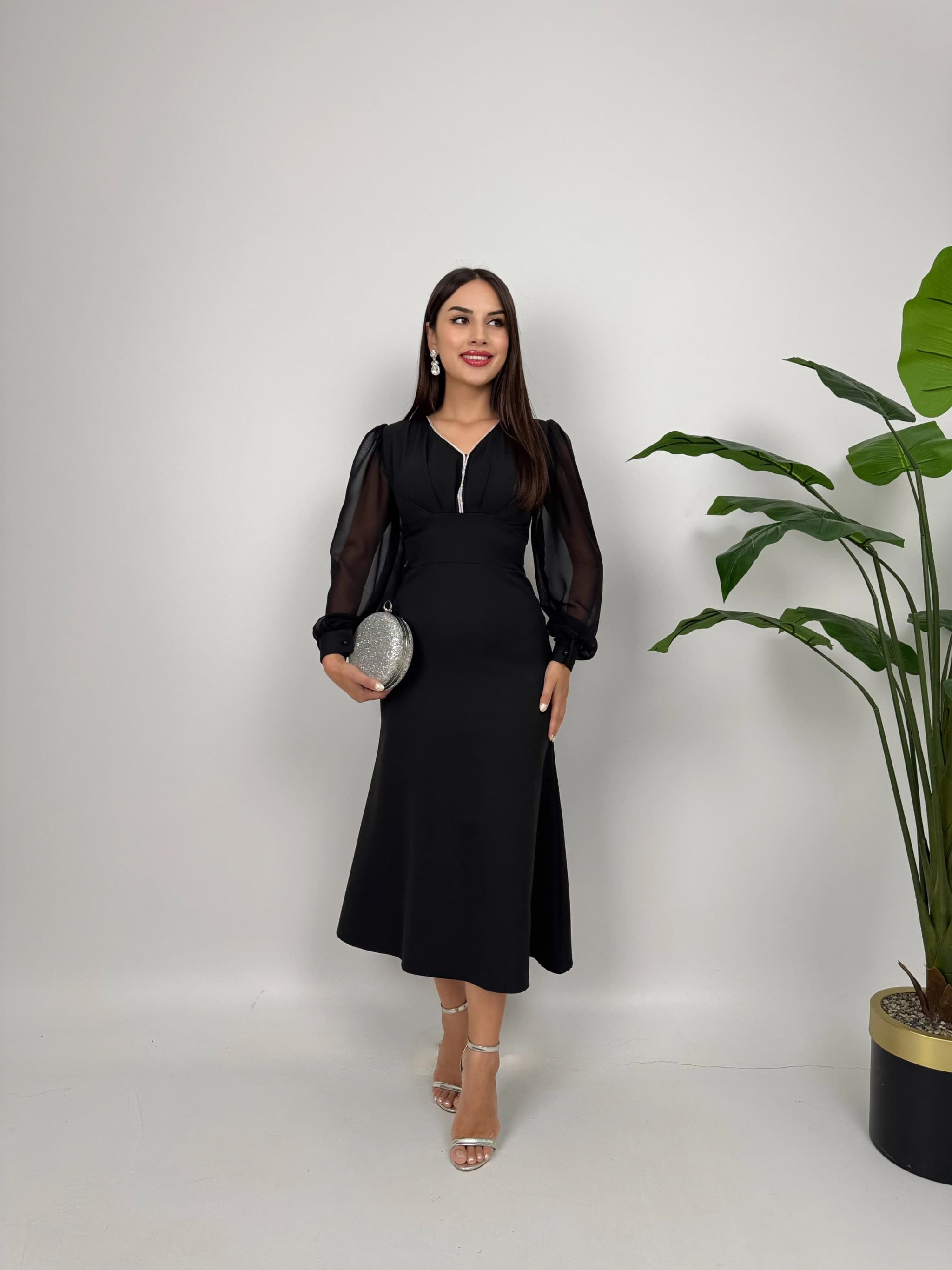 Black Midi Dress Long Sleeve Formal Evening Cocktail Dress Sheer Sleeve Zipper Front Dress Bridal Guest Gown detailed view 3