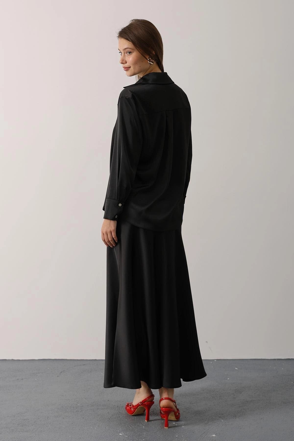 Black Satin Maxi Skirt, Bias Cut Silk Slip Skirt - görsel 4