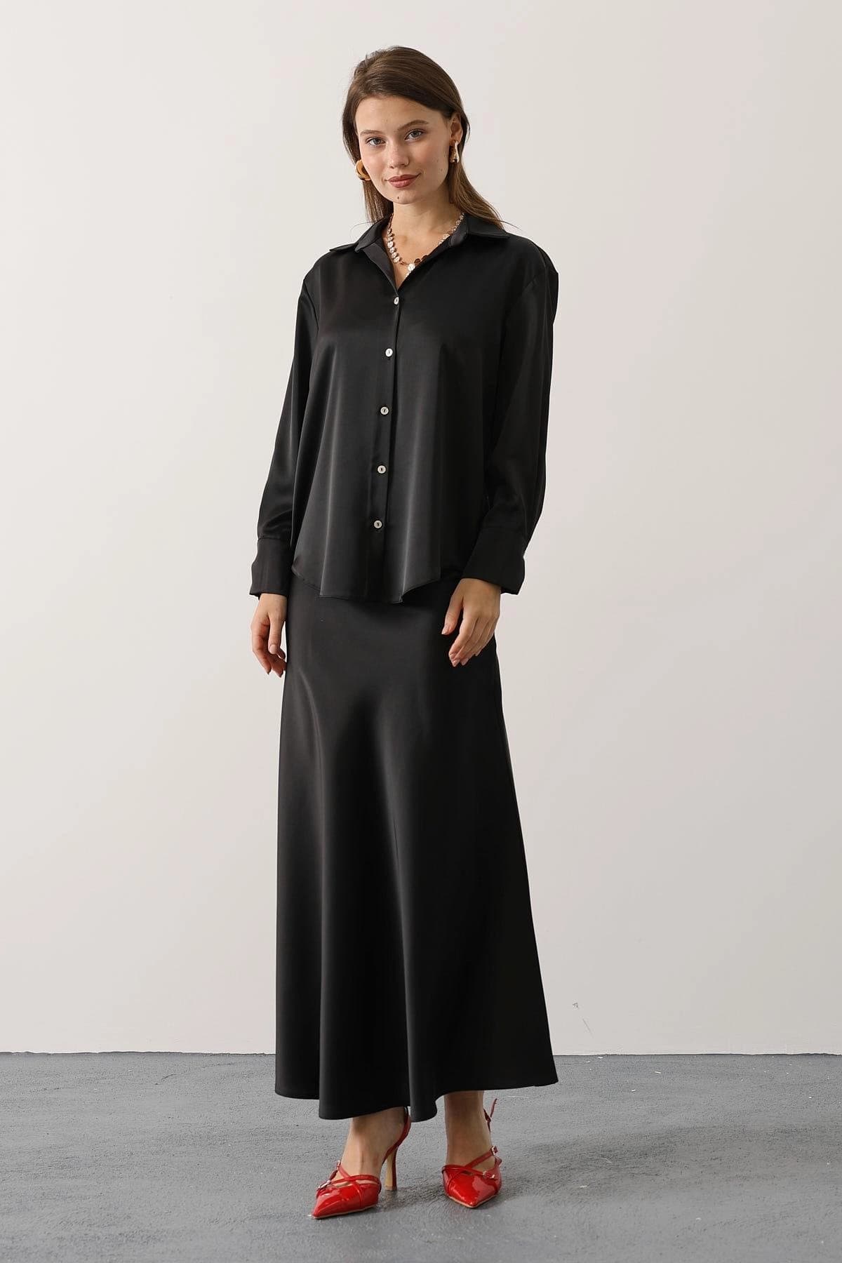 Black Satin Maxi Skirt, Bias Cut Silk Slip Skirt