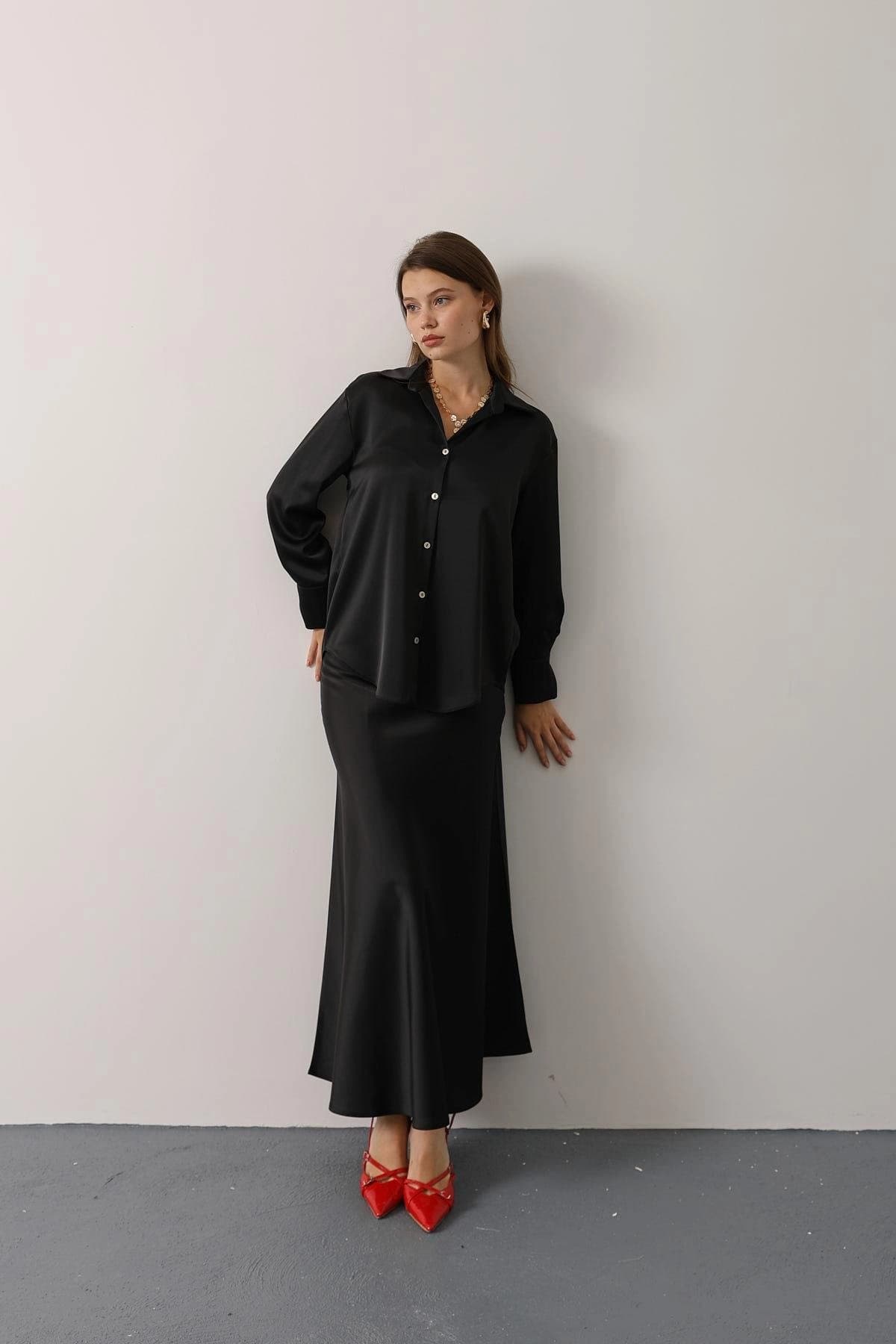 Black Satin Maxi Skirt, Bias Cut Silk Slip Skirt - görsel 2