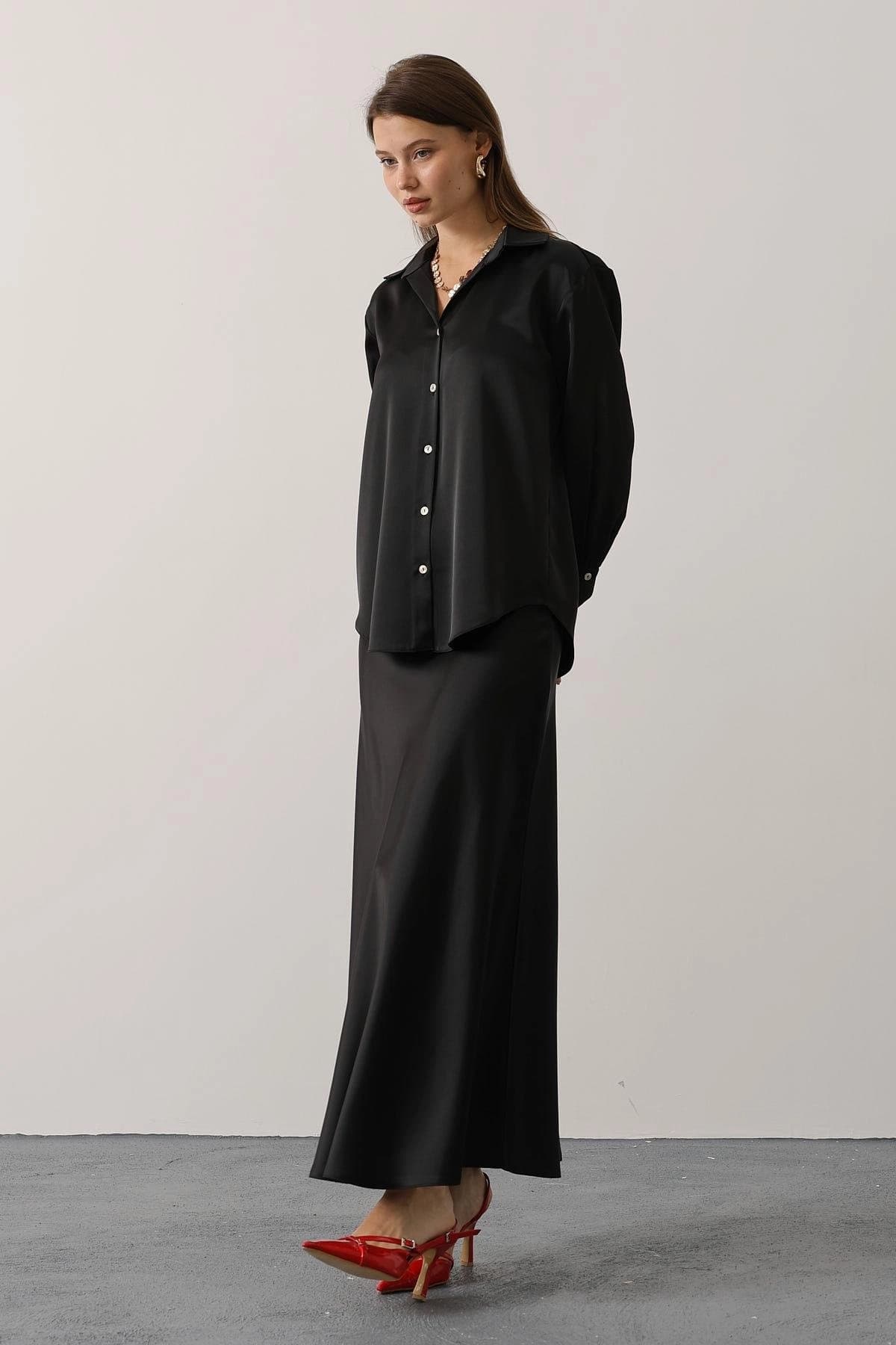 Black Satin Maxi Skirt, Bias Cut Silk Slip Skirt - görsel 3