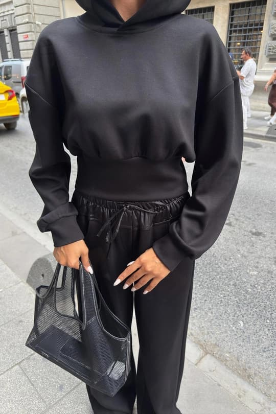 Black Satin Waistband Set – Oversized Hoodie & Wide Leg Pants Two Piece Co-Ord - ana görsel