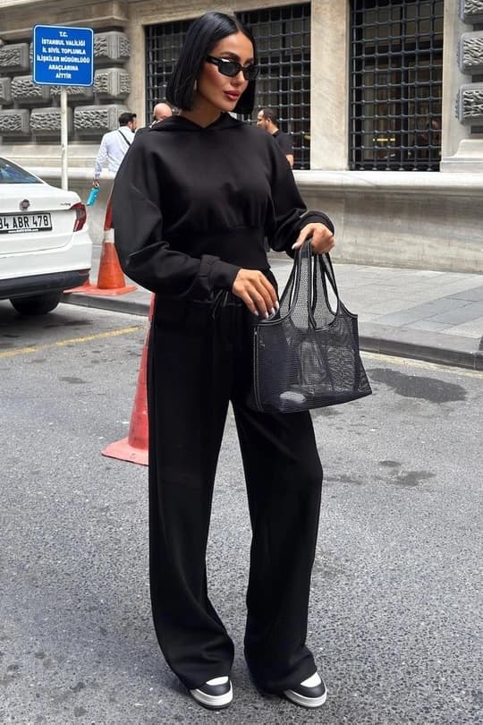 Black Satin Waistband Set – Oversized Hoodie & Wide Leg Pants Two Piece Co-Ord - görsel 1