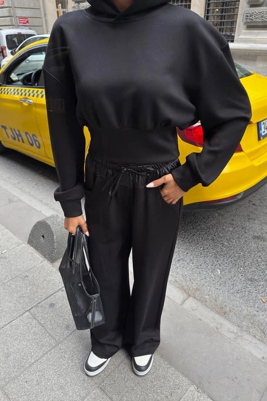 Black Satin Waistband Set – Oversized Hoodie & Wide Leg Pants Two Piece Co-Ord - görsel 2