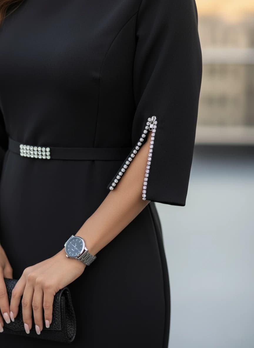 Refined jet sheath midi, white-piped scoop neck, three-quarter sleeves with crystal slits, and a buckled waist sash.