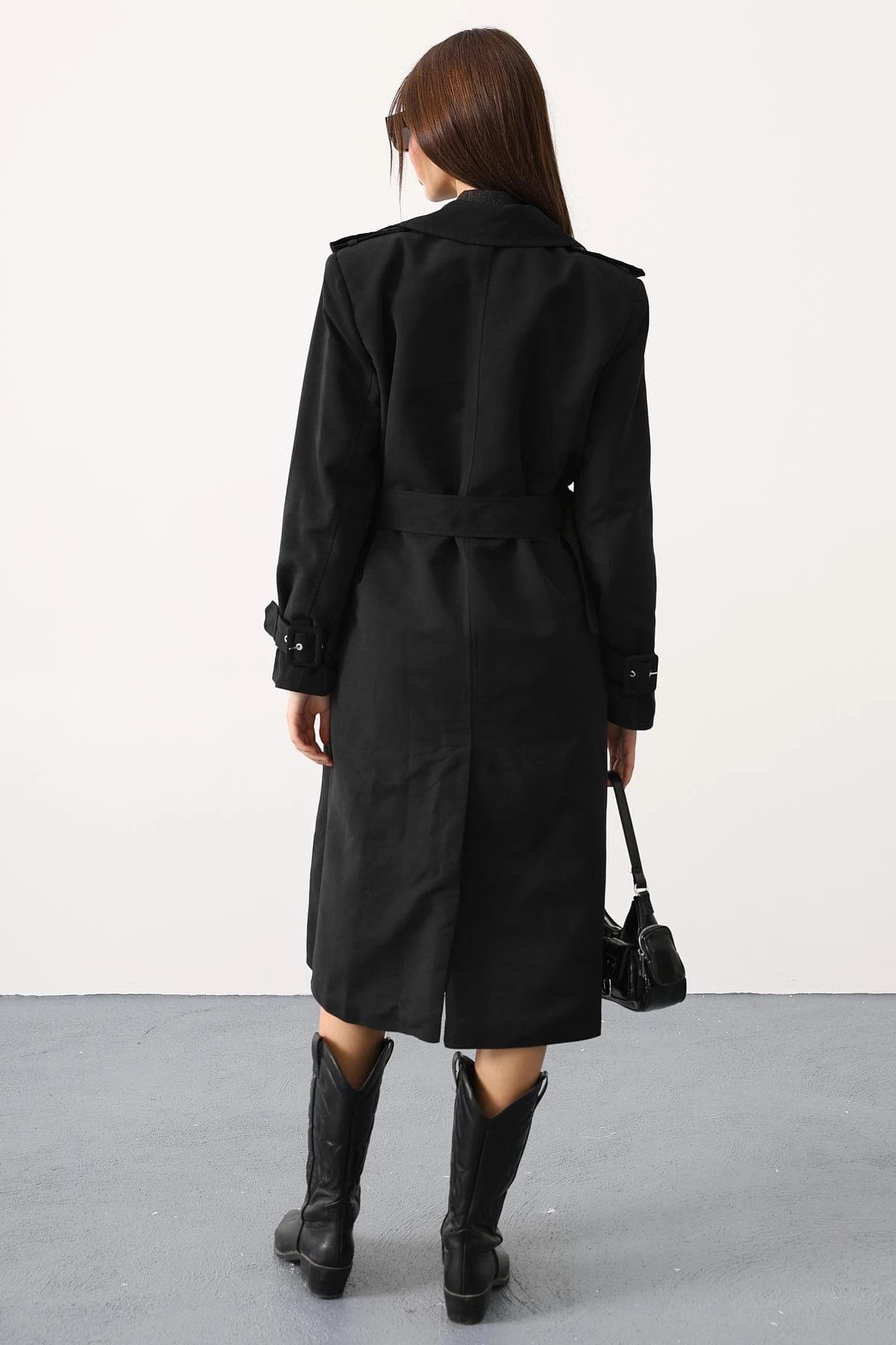 Black Trench Coat Women Double Breasted Long Coat Vintage Style Fashion Outerwear Classic Belted Winter Fall Autumn Duster - görsel 6