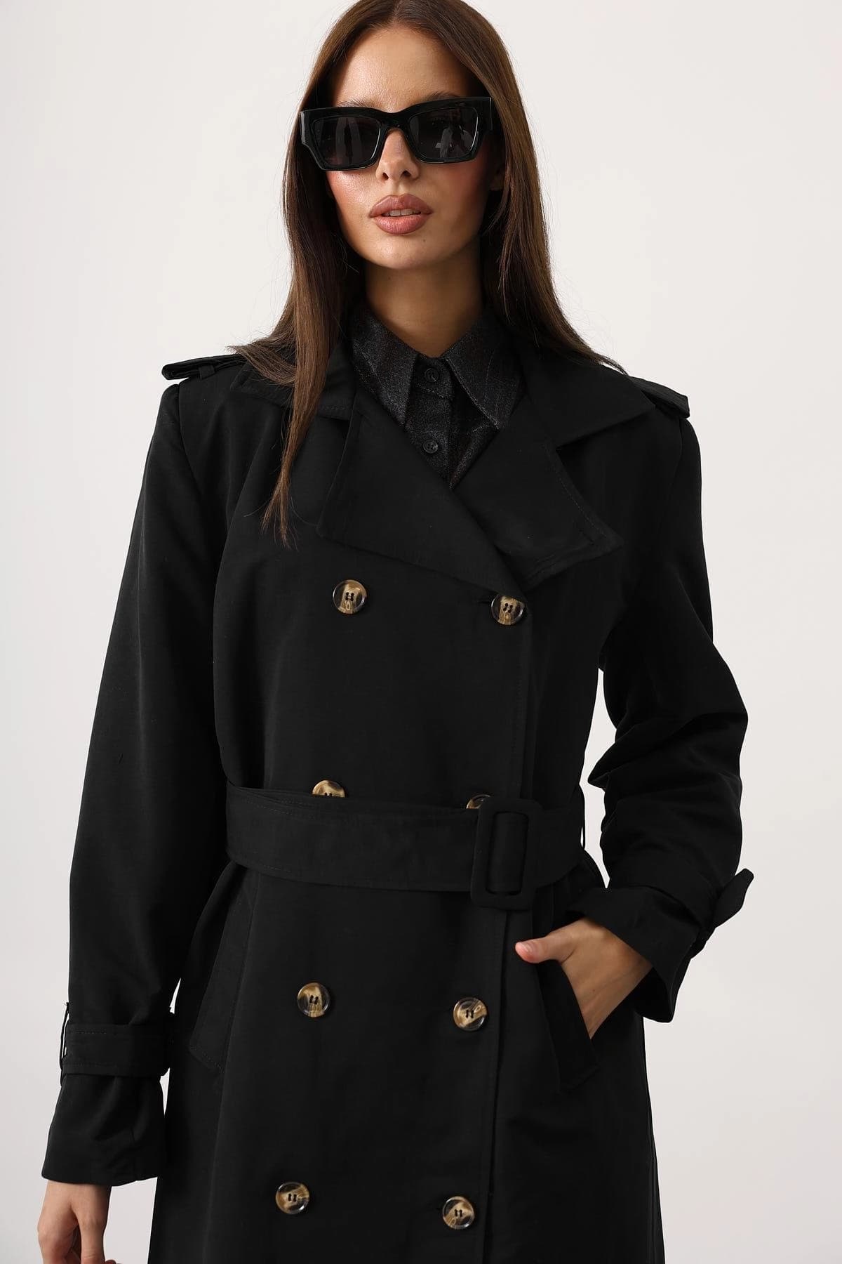 Black Trench Coat Women Double Breasted Long Coat Vintage Style Fashion Outerwear Classic Belted Winter Fall Autumn Duster - görsel 3