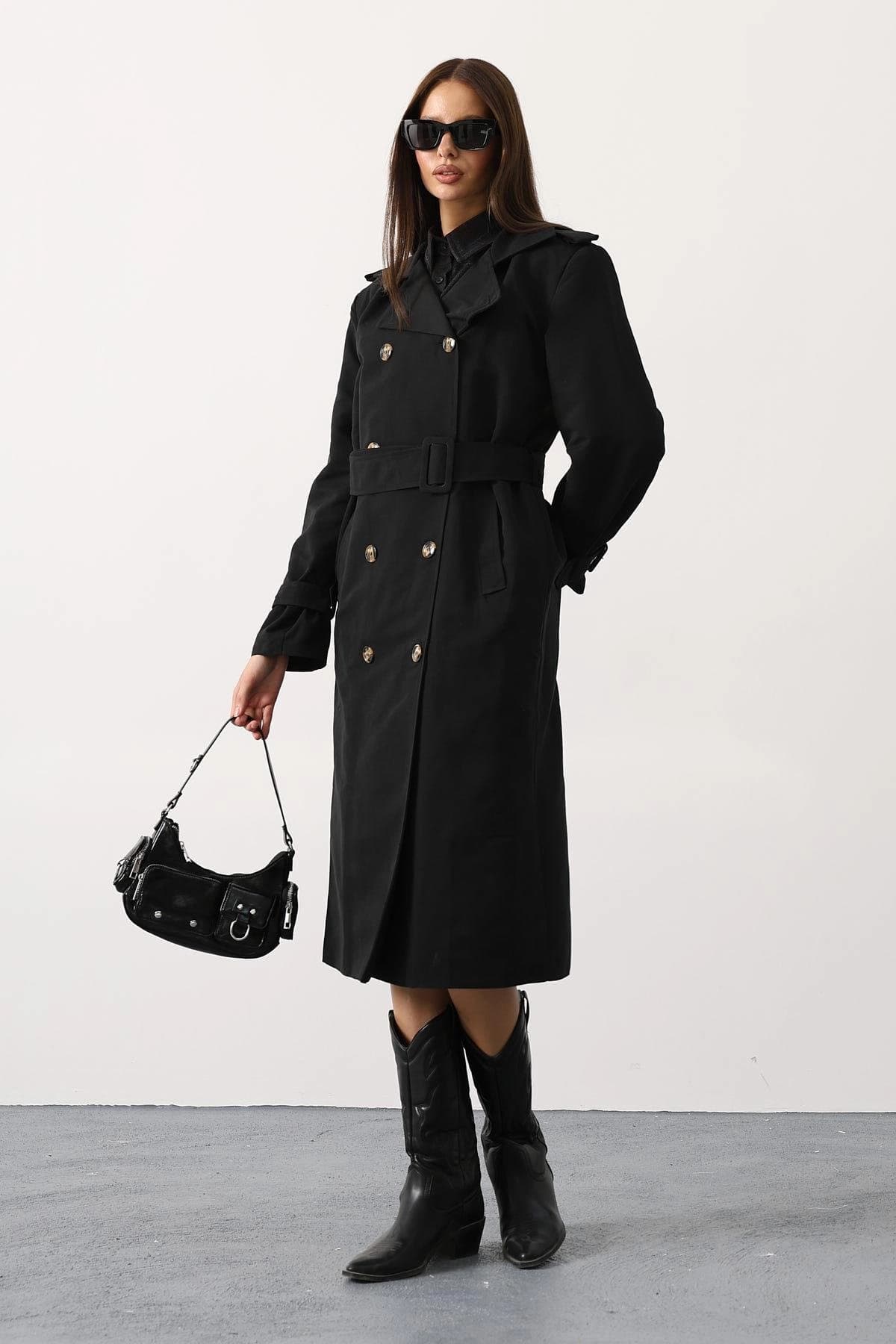 Black Trench Coat Women Double Breasted Long Coat Vintage Style Fashion Outerwear Classic Belted Winter Fall Autumn Duster - ana görsel