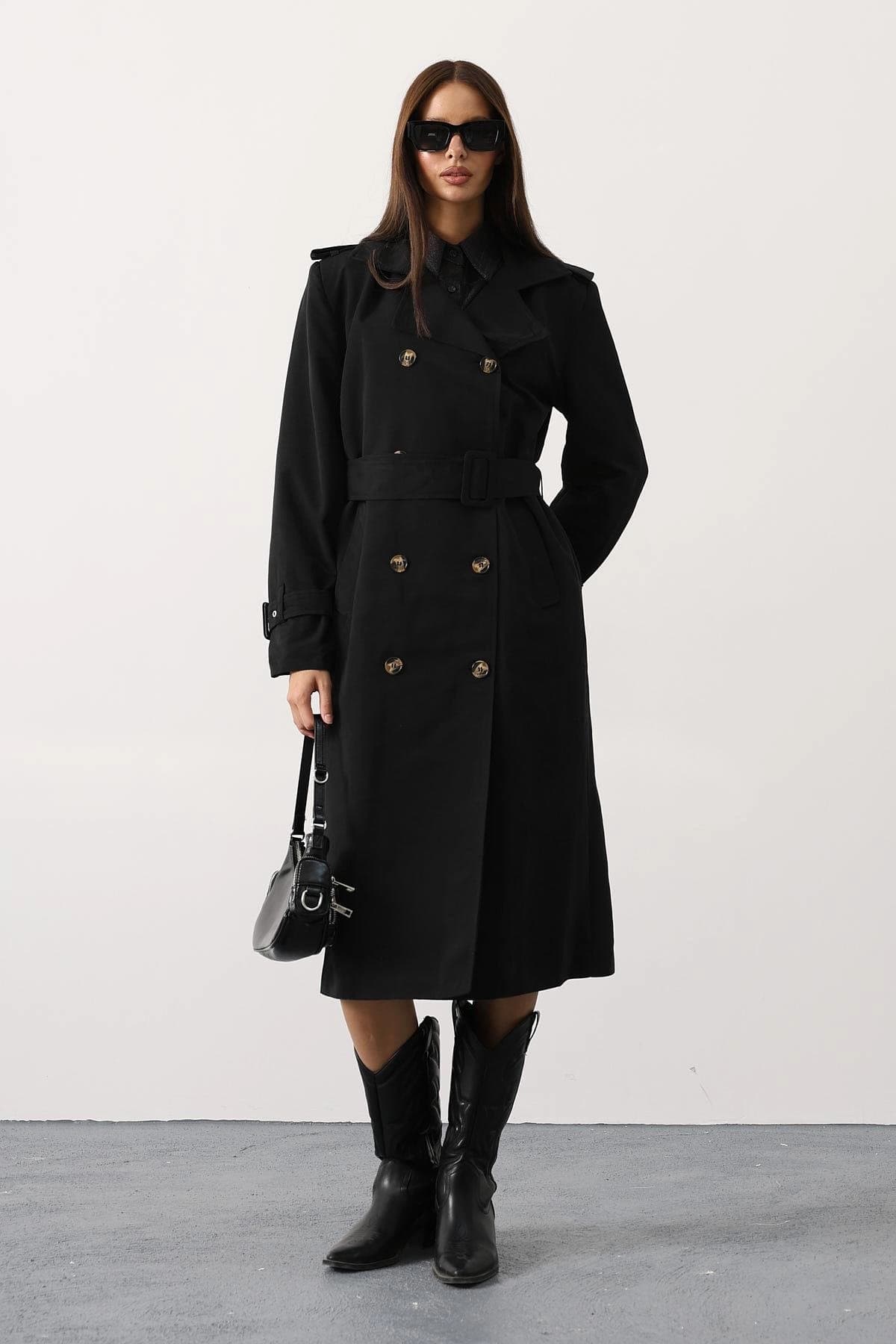 Black Trench Coat Women Double Breasted Long Coat Vintage Style Fashion Outerwear Classic Belted Winter Fall Autumn Duster - görsel 4
