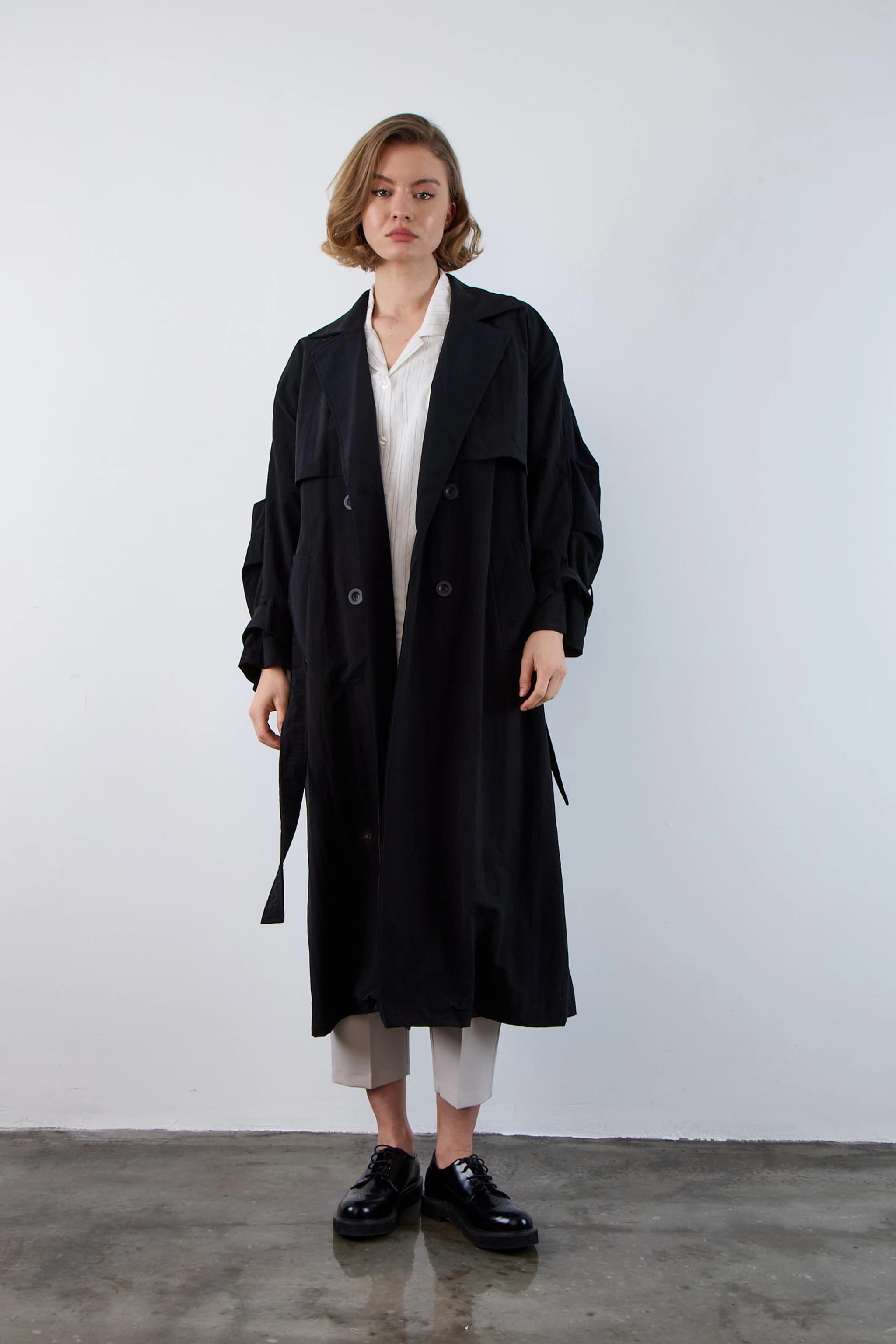 Black Trench Coat Women Long Double Breasted Oversized Classic Fall Spring Coat Vintage Style Belted Outerwear - görsel 4