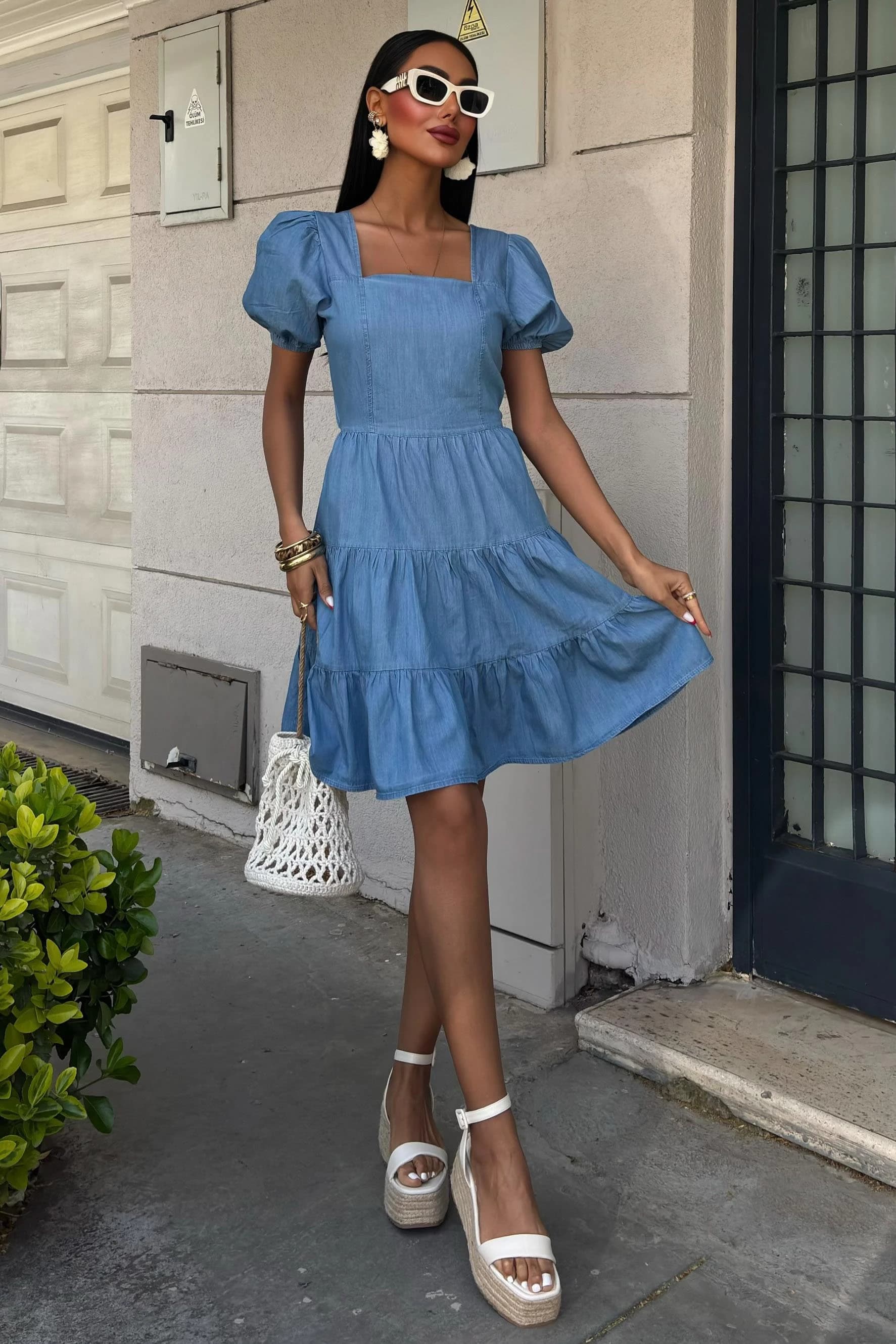 Blue Cotton Puff Sleeve Dress Square Neck Tiered Ruffle Mini Dress Cottagecore Prairie Style Summer Dress Back Tie Short Sleeve Dress detailed view 5