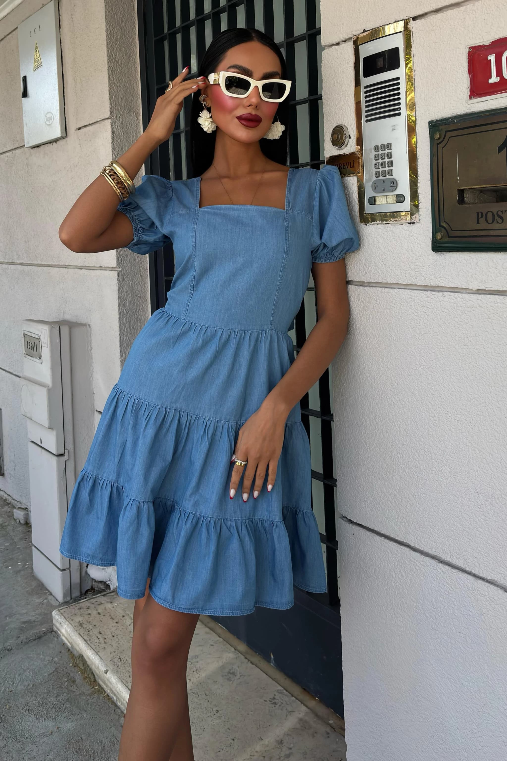 Blue Cotton Puff Sleeve Dress Square Neck Tiered Ruffle Mini Dress Cottagecore Prairie Style Summer Dress Back Tie Short Sleeve Dress detailed view 2
