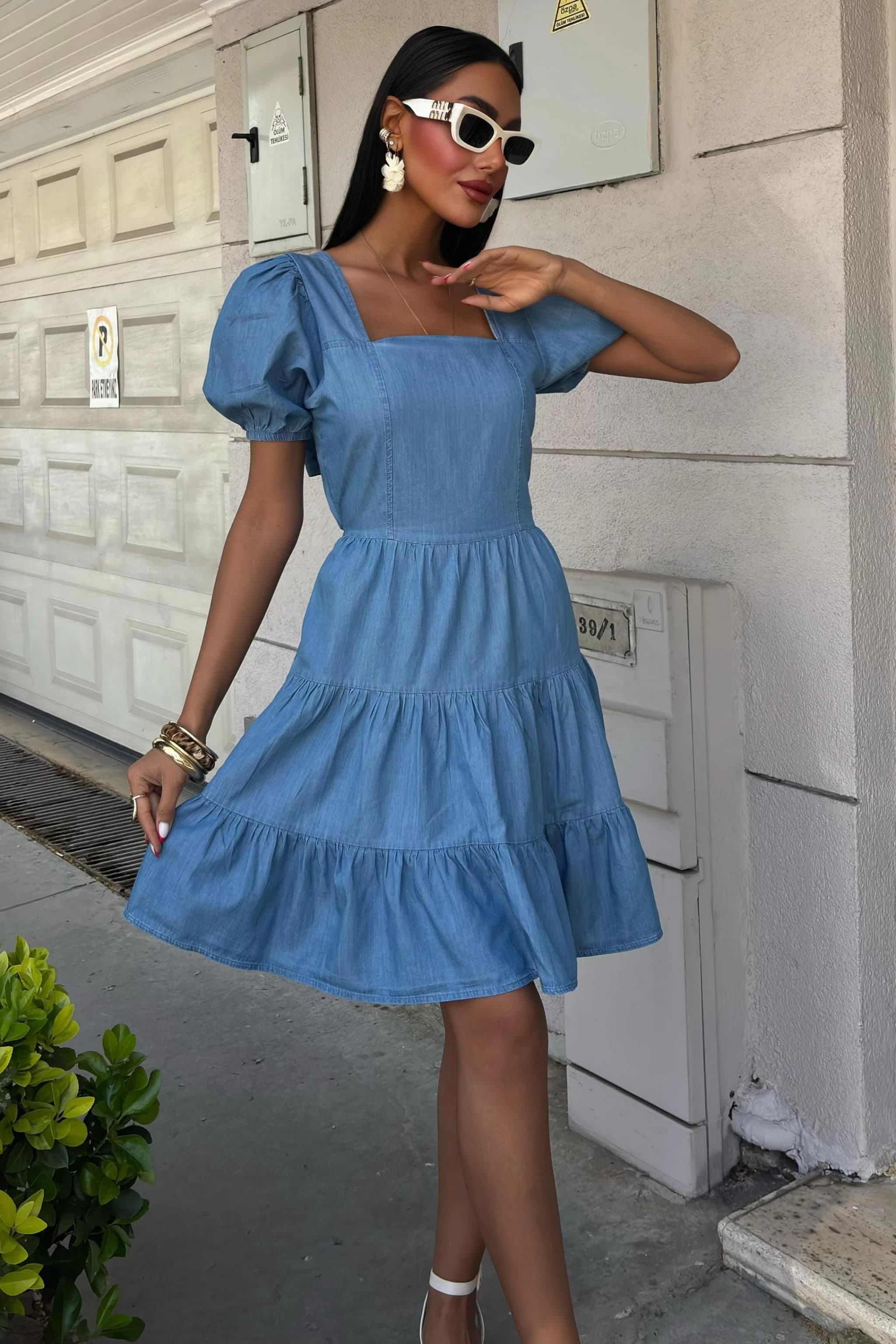 Blue Cotton Puff Sleeve Dress Square Neck Tiered Ruffle Mini Dress Cottagecore Prairie Style Summer Dress Back Tie Short Sleeve Dress