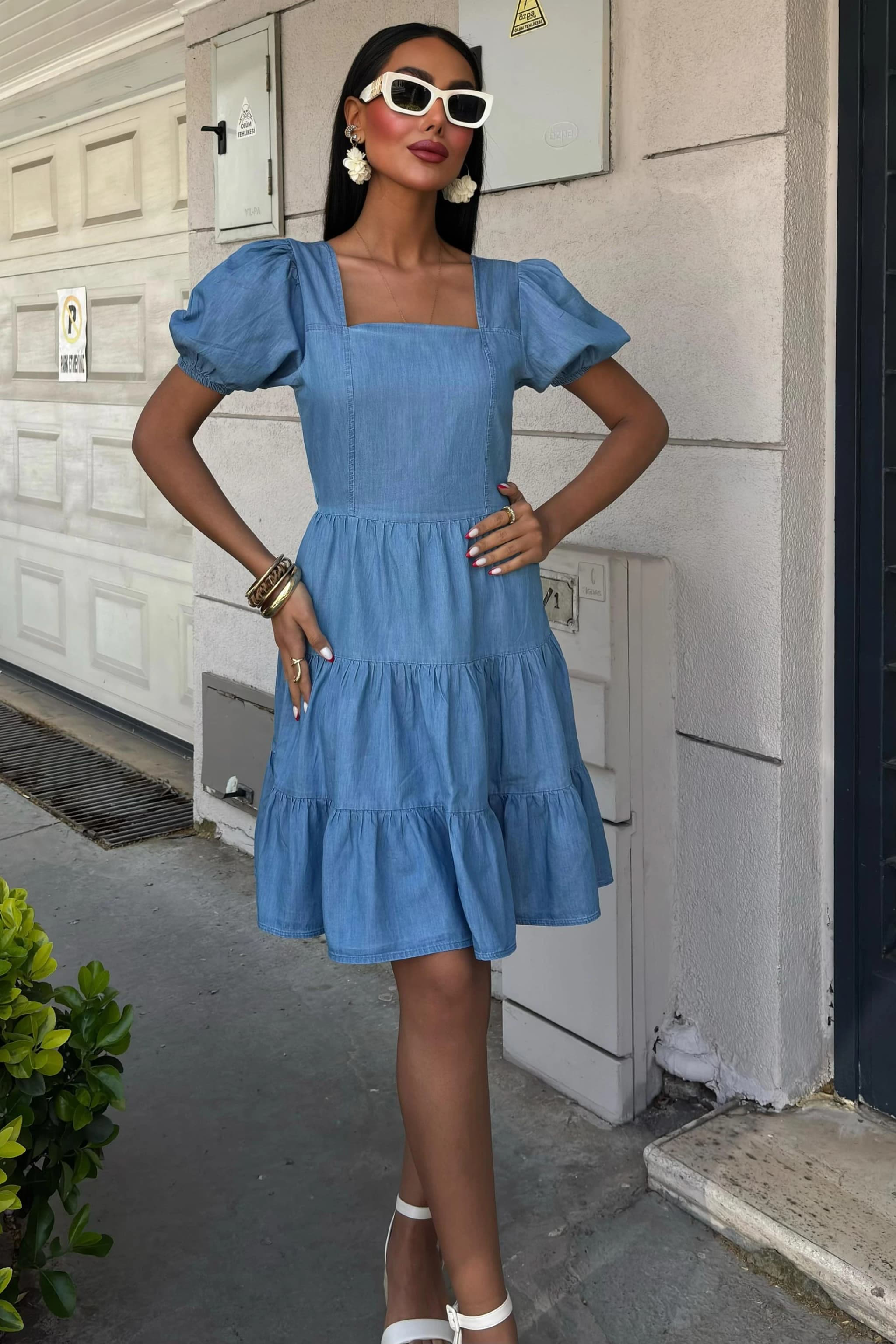 Blue Cotton Puff Sleeve Dress Square Neck Tiered Ruffle Mini Dress Cottagecore Prairie Style Summer Dress Back Tie Short Sleeve Dress detailed view 6