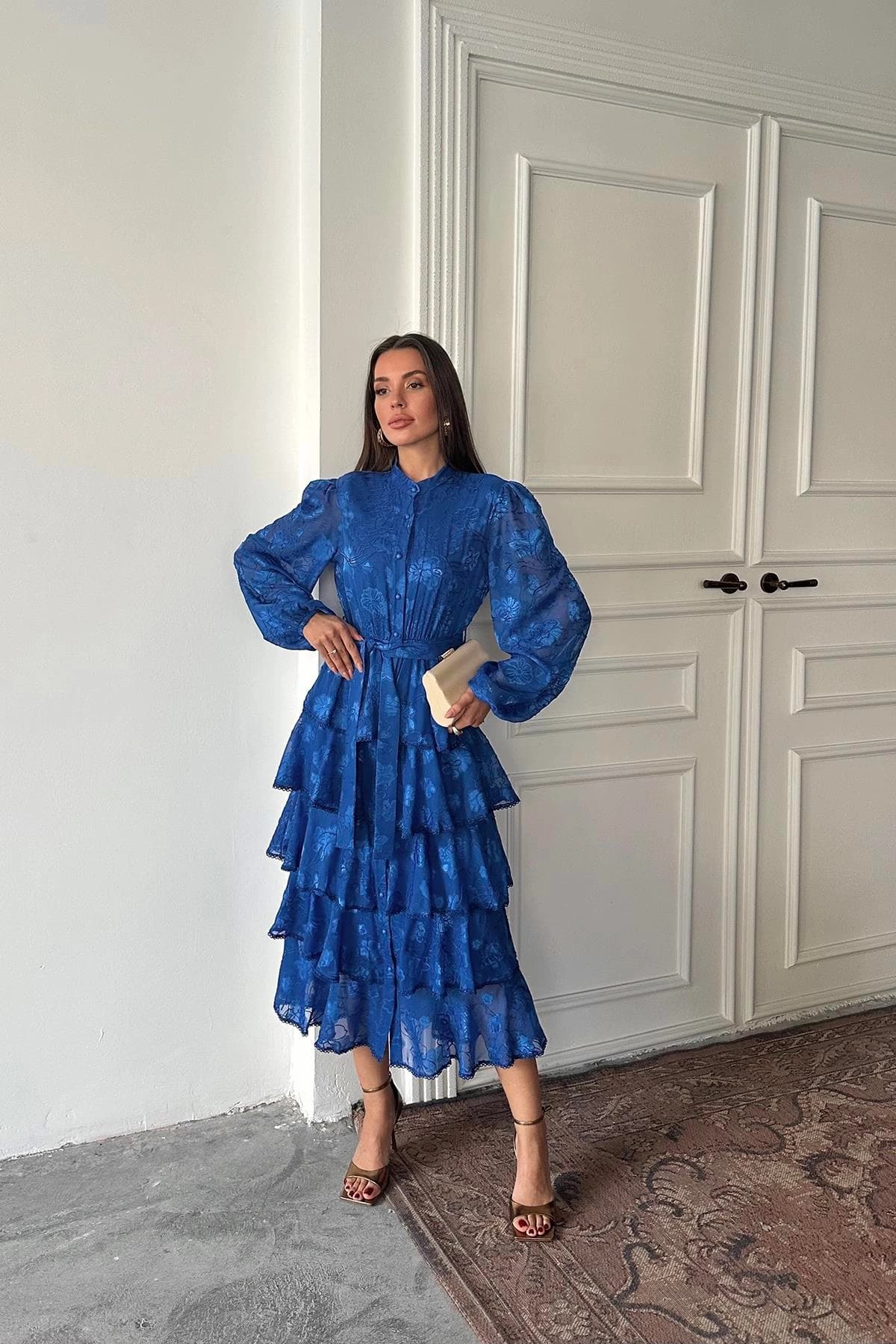 Blue Floral Balloon Sleeve Midi Dress | Boho Prairie Dress with Tiered Ruffles | Wedding Guest Dress | Long Sleeve Button Front Dress - görsel 3