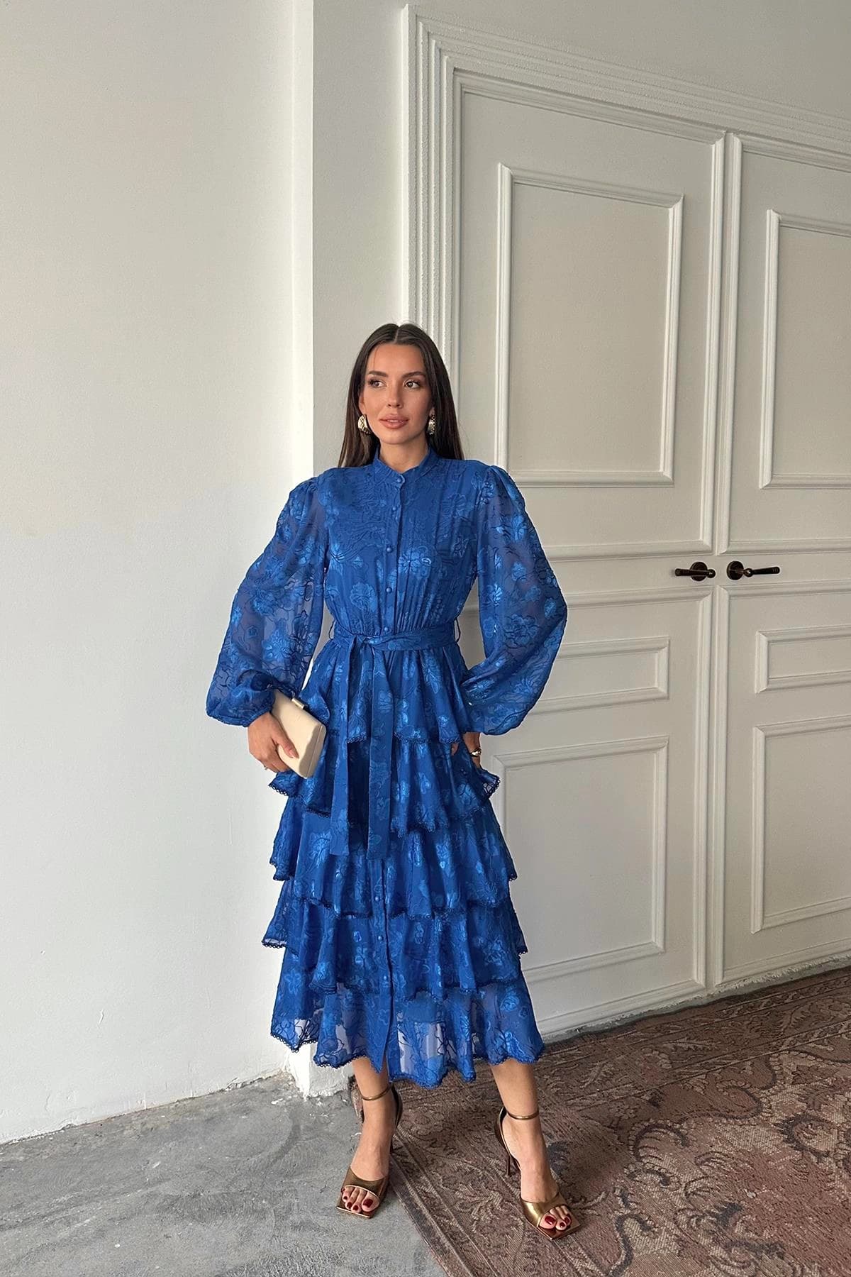 Blue Floral Balloon Sleeve Midi Dress | Boho Prairie Dress with Tiered Ruffles | Wedding Guest Dress | Long Sleeve Button Front Dress - görsel 5