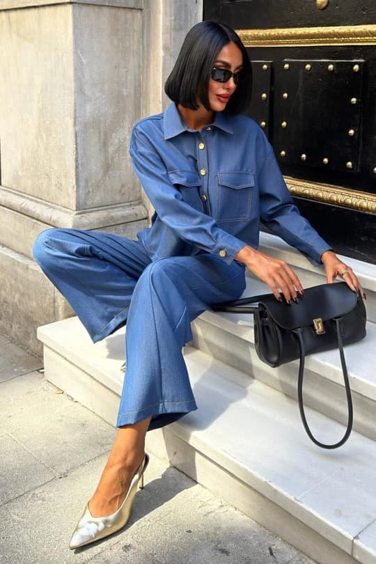 Blue Two Piece Co Ord Set for Women – Wide Leg Pants & Button Down Top | Minimalist Chic Matching Outfit - görsel 1