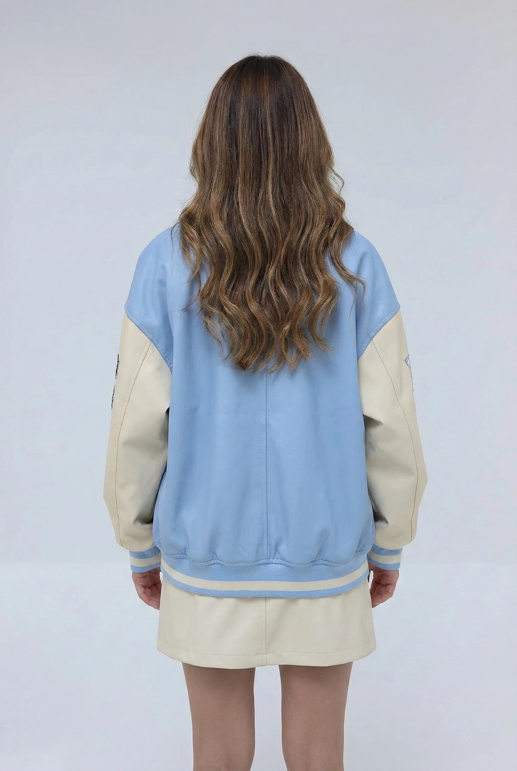 Blue Varsity Jacket "League of Champions", Faux Leather Letterman Bomber, Y2K Streetwear 76 Patch Coat detailed view 4