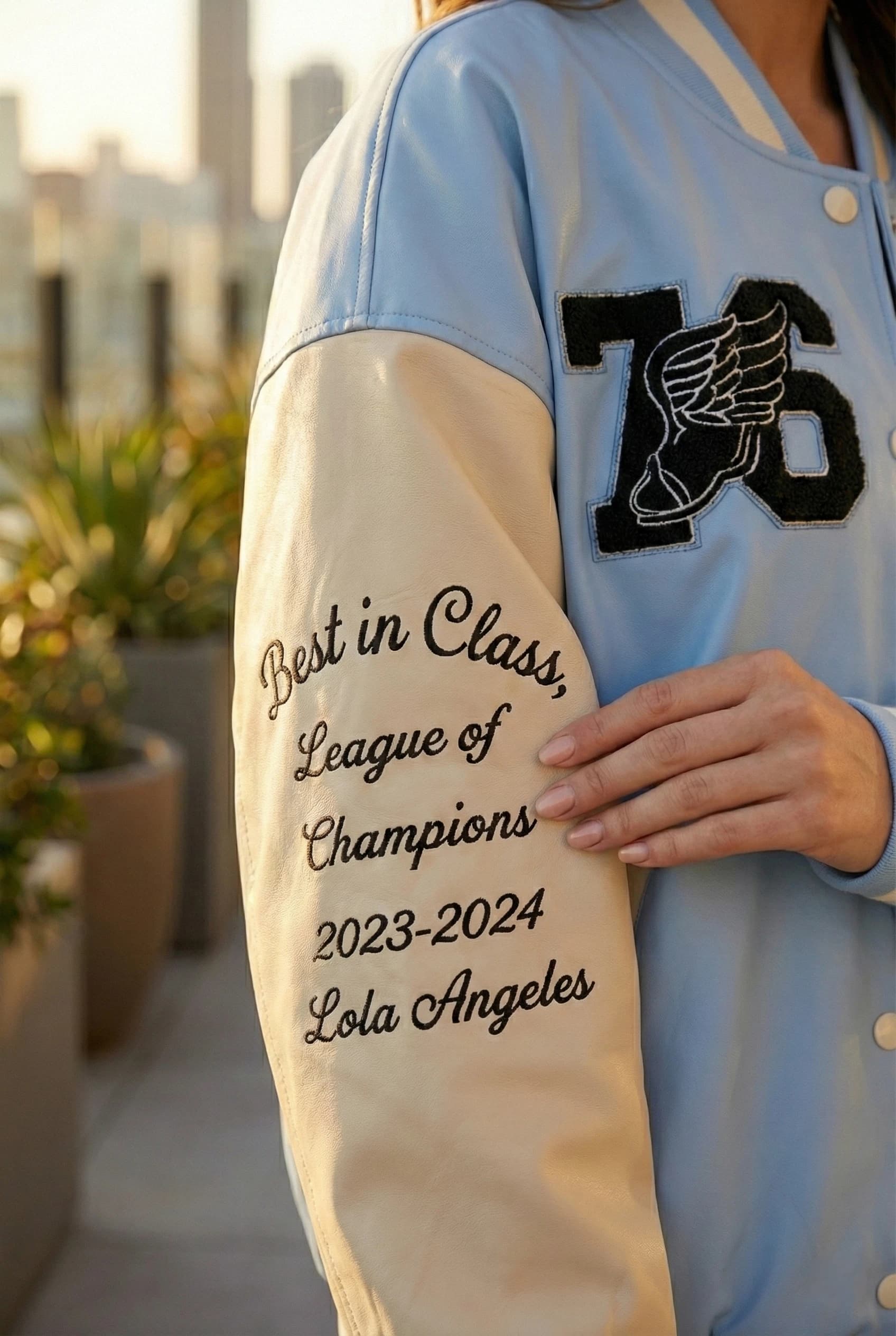 Blue Varsity Jacket "League of Champions", Faux Leather Letterman Bomber, Y2K Streetwear 76 Patch Coat detailed view 2