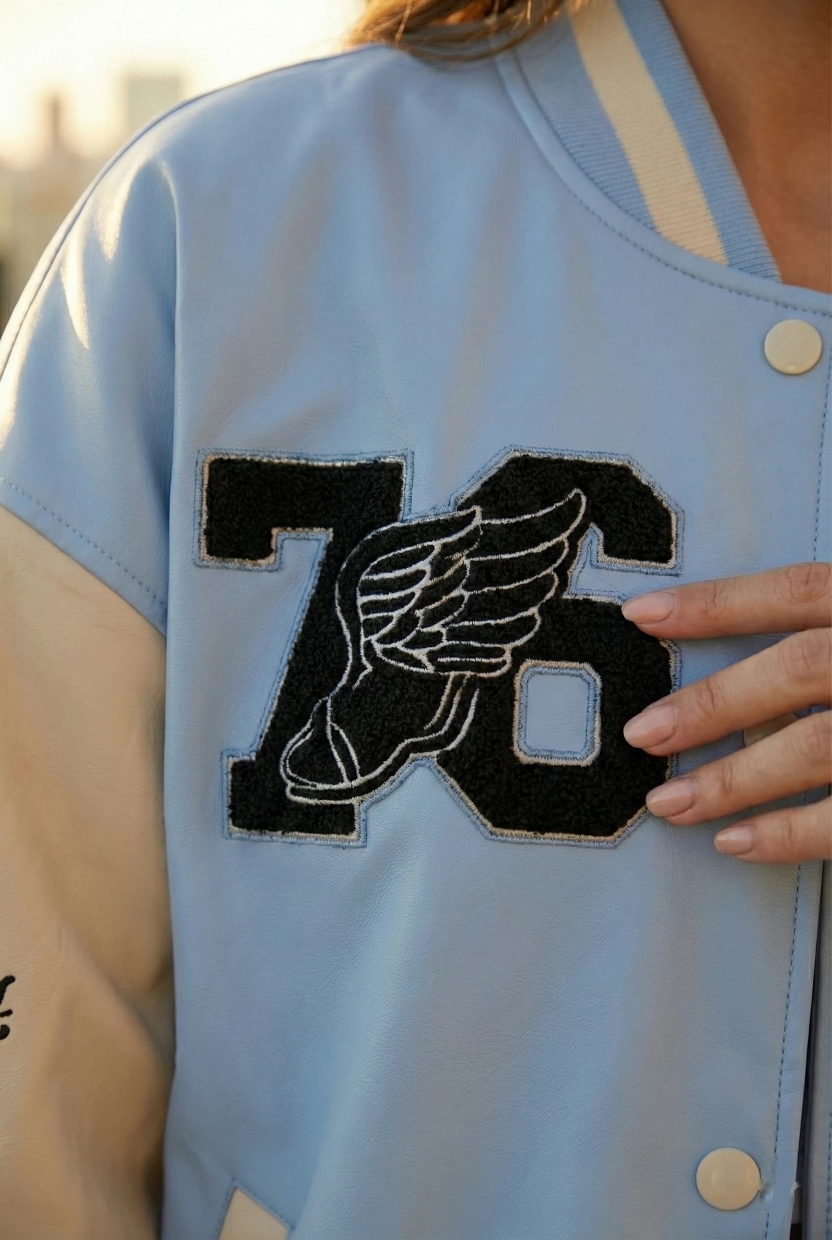 Blue Varsity Jacket "League of Champions", Faux Leather Letterman Bomber, Y2K Streetwear 76 Patch Coat detailed view 3