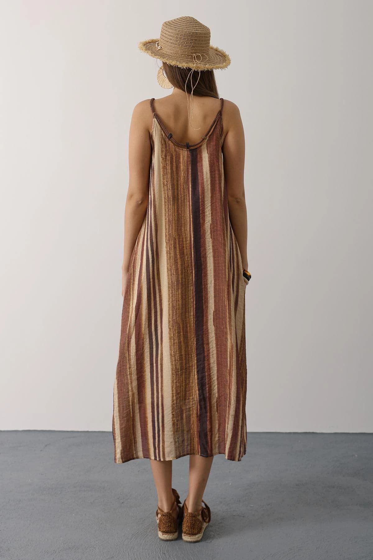 Bohemian Maxi Dress Spaghetti Strap Earth Tones Striped Beaded Neckline Summer Boho Dress Festival Dress detailed view 4