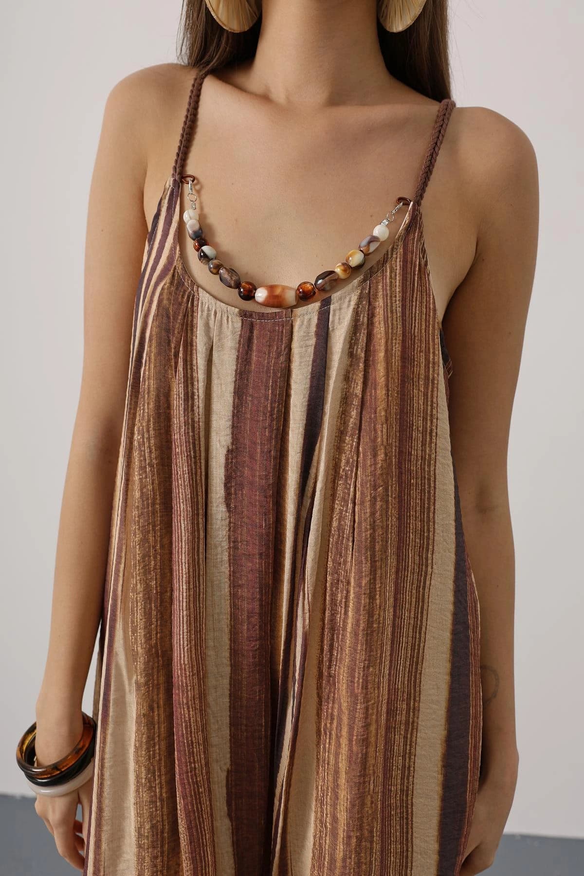 Bohemian Maxi Dress Spaghetti Strap Earth Tones Striped Beaded Neckline Summer Boho Dress Festival Dress