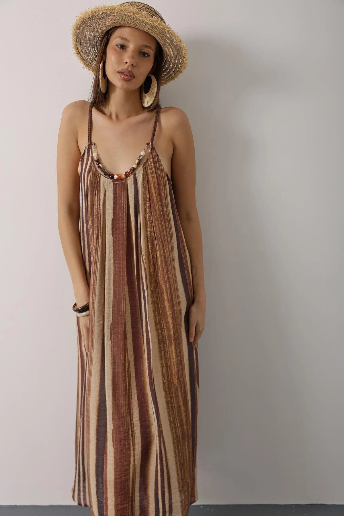 Bohemian Maxi Dress Spaghetti Strap Earth Tones Striped Beaded Neckline Summer Boho Dress Festival Dress detailed view 3