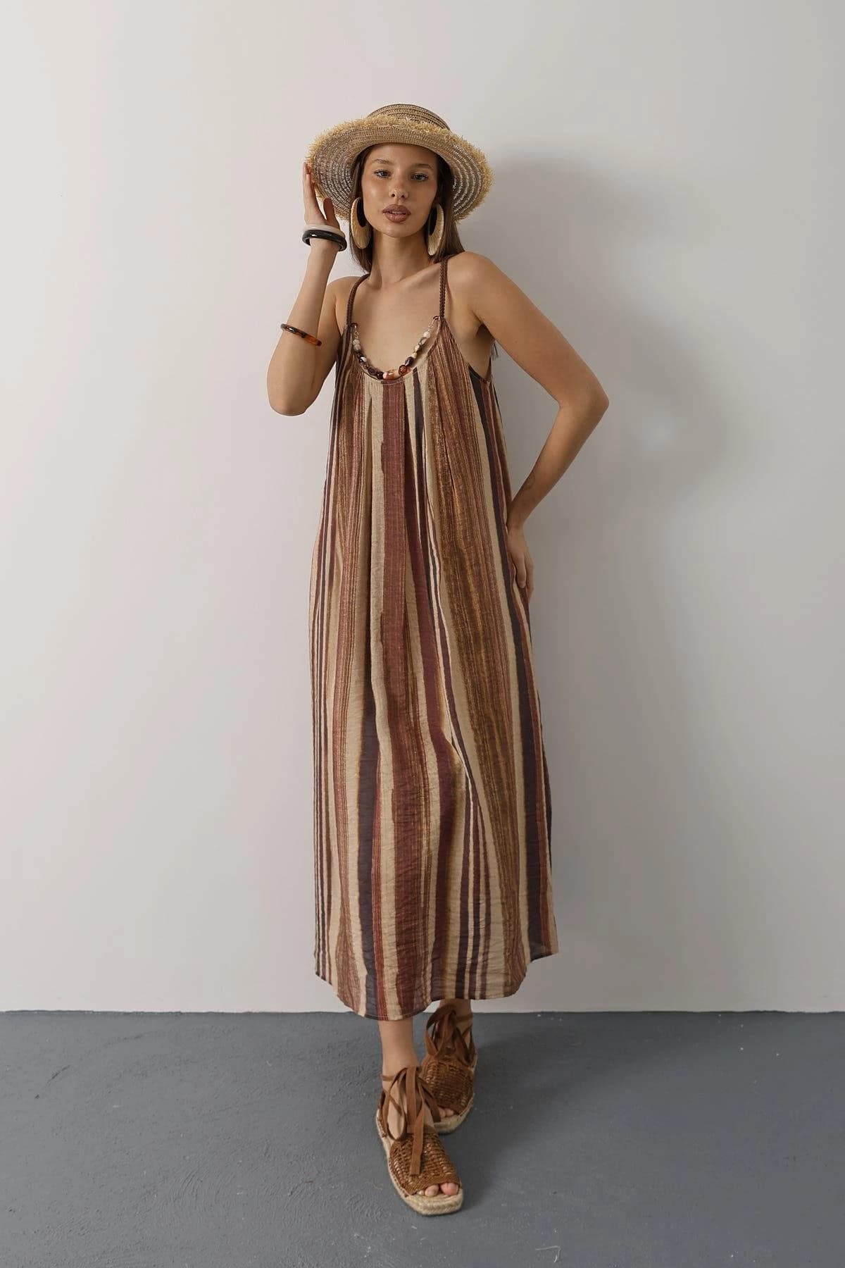Bohemian Maxi Dress Spaghetti Strap Earth Tones Striped Beaded Neckline Summer Boho Dress Festival Dress detailed view 2