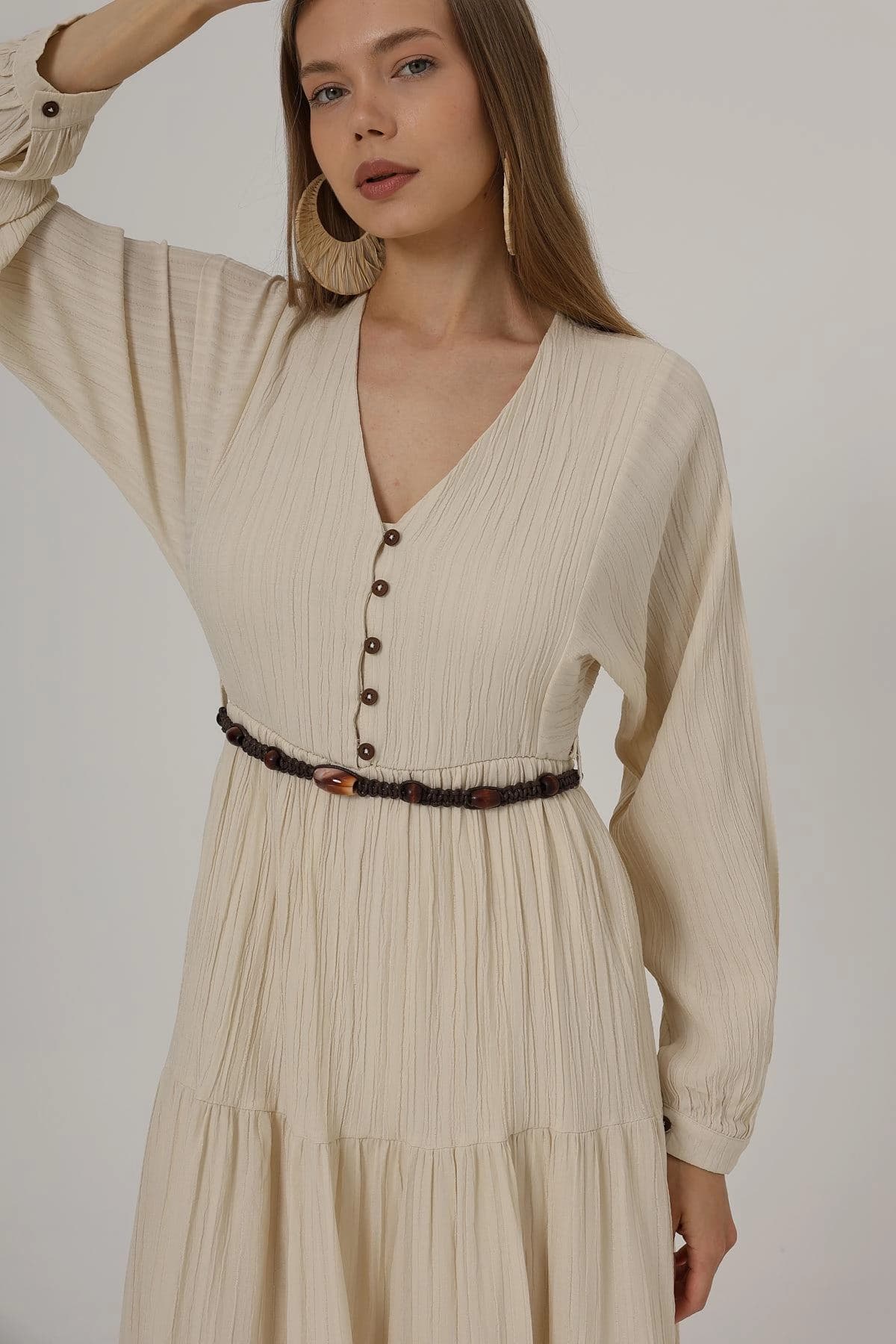 Boho Beige Tiered Maxi Dress with Long Sleeves and Belt - Flowy V-Neck Button Down Gown - görsel 1