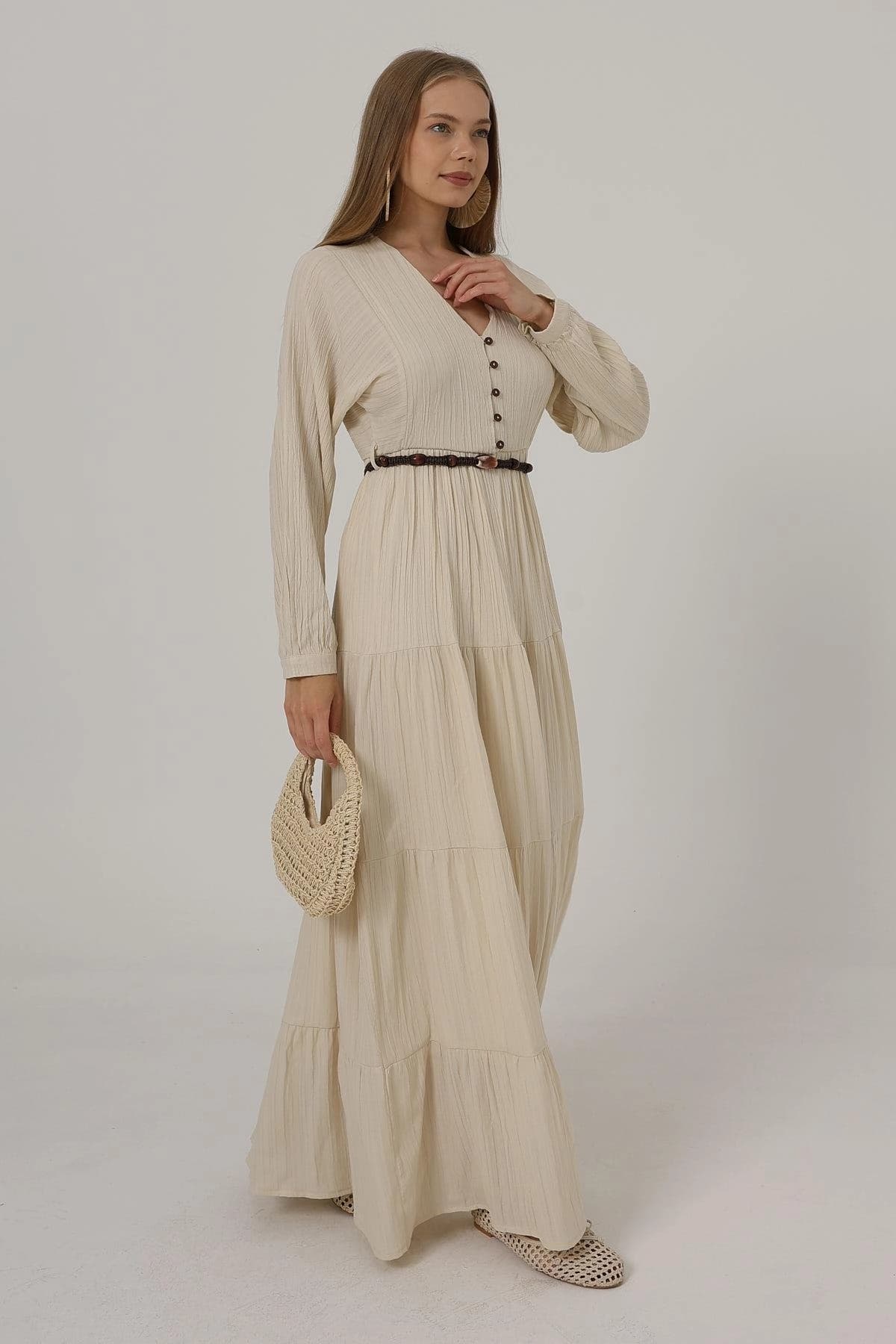 Boho Beige Tiered Maxi Dress with Long Sleeves and Belt - Flowy V-Neck Button Down Gown - görsel 2
