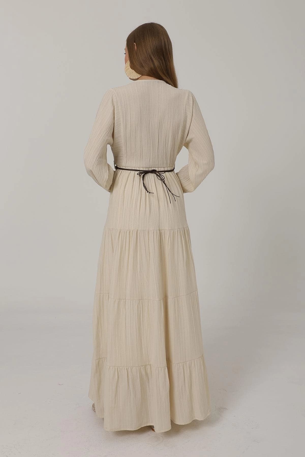 Boho Beige Tiered Maxi Dress with Long Sleeves and Belt - Flowy V-Neck Button Down Gown - görsel 3