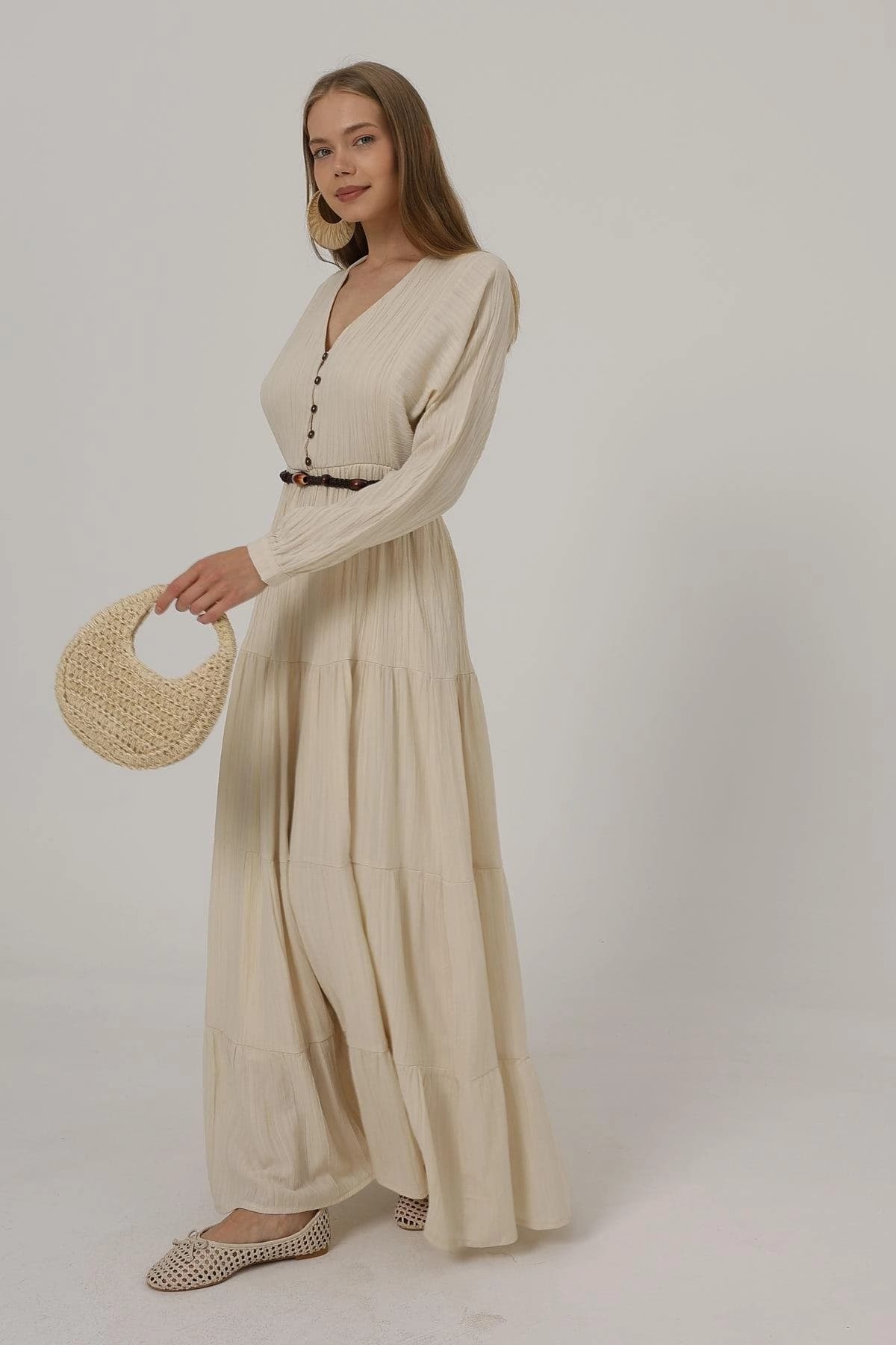Boho Beige Tiered Maxi Dress with Long Sleeves and Belt - Flowy V-Neck Button Down Gown - görsel 4