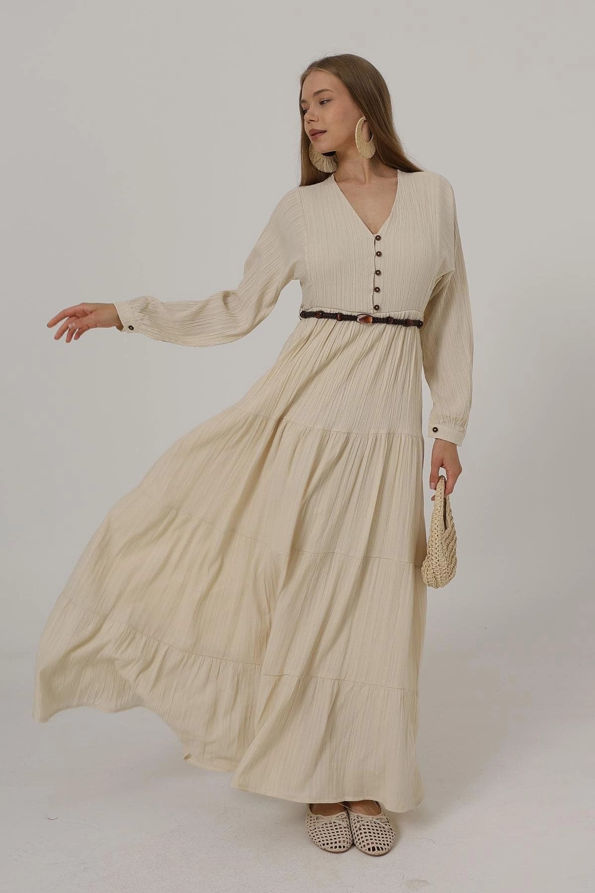 Boho Beige Tiered Maxi Dress with Long Sleeves and Belt - Flowy V-Neck Button Down Gown - ana görsel