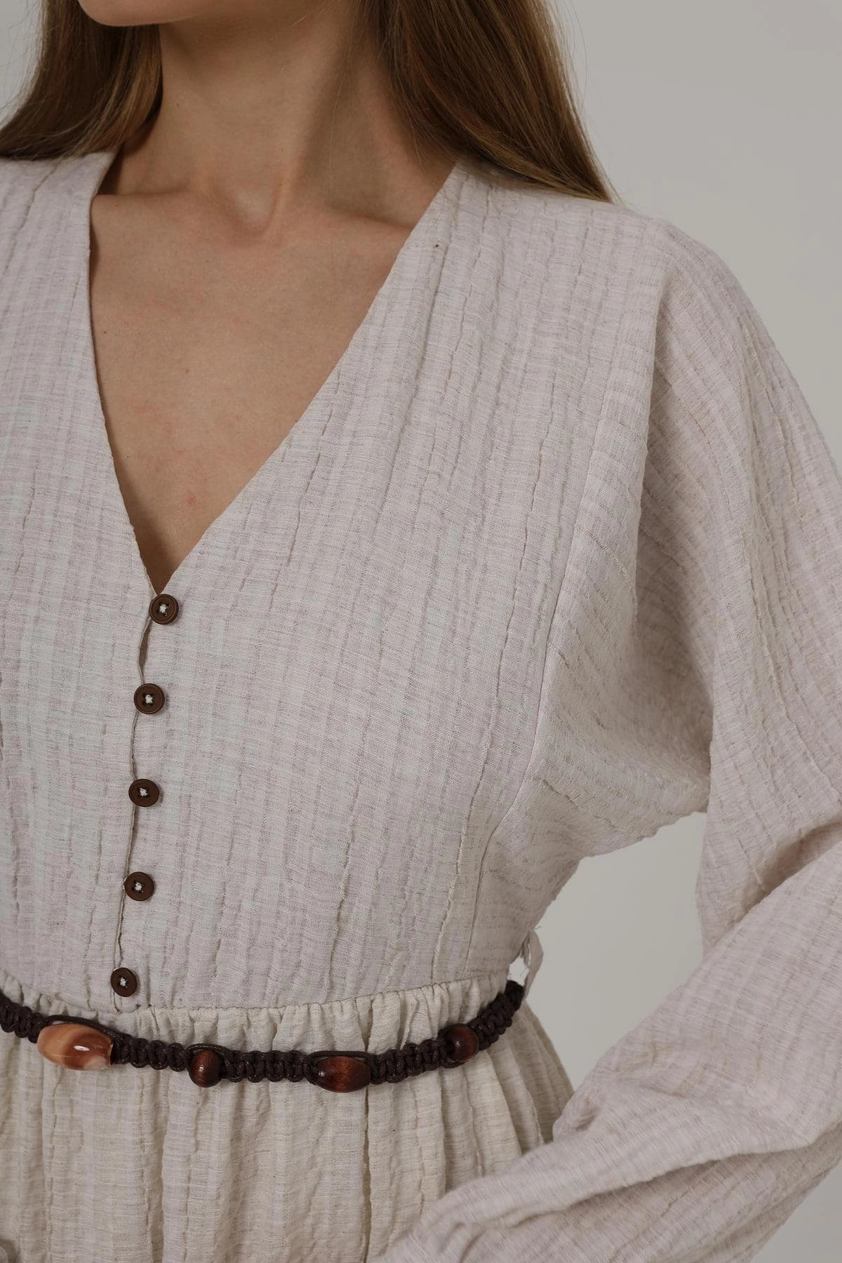 Boho Long Sleeve Tiered Maxi Dress with Button Front & Belt – Lightweight Cream Textured Summer Dress - görsel 1