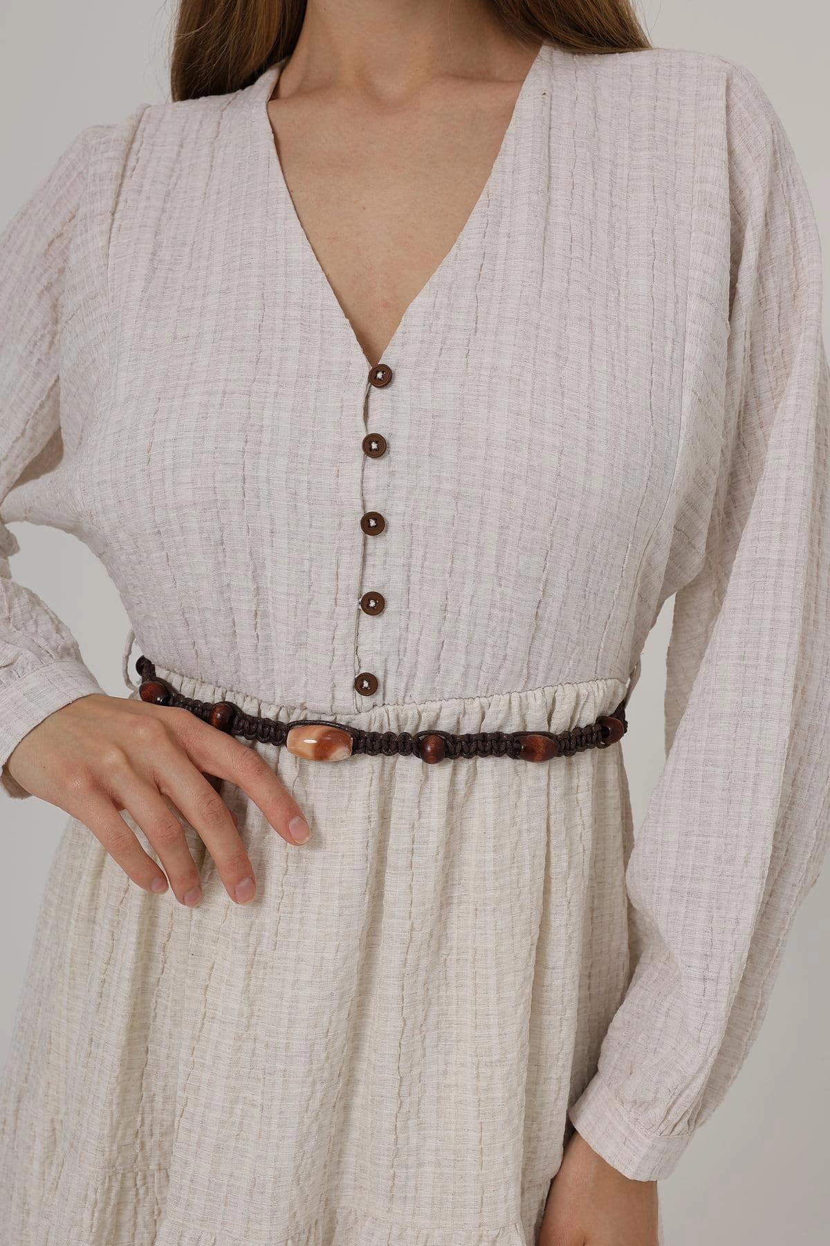 Boho Long Sleeve Tiered Maxi Dress with Button Front & Belt – Lightweight Cream Textured Summer Dress - görsel 2