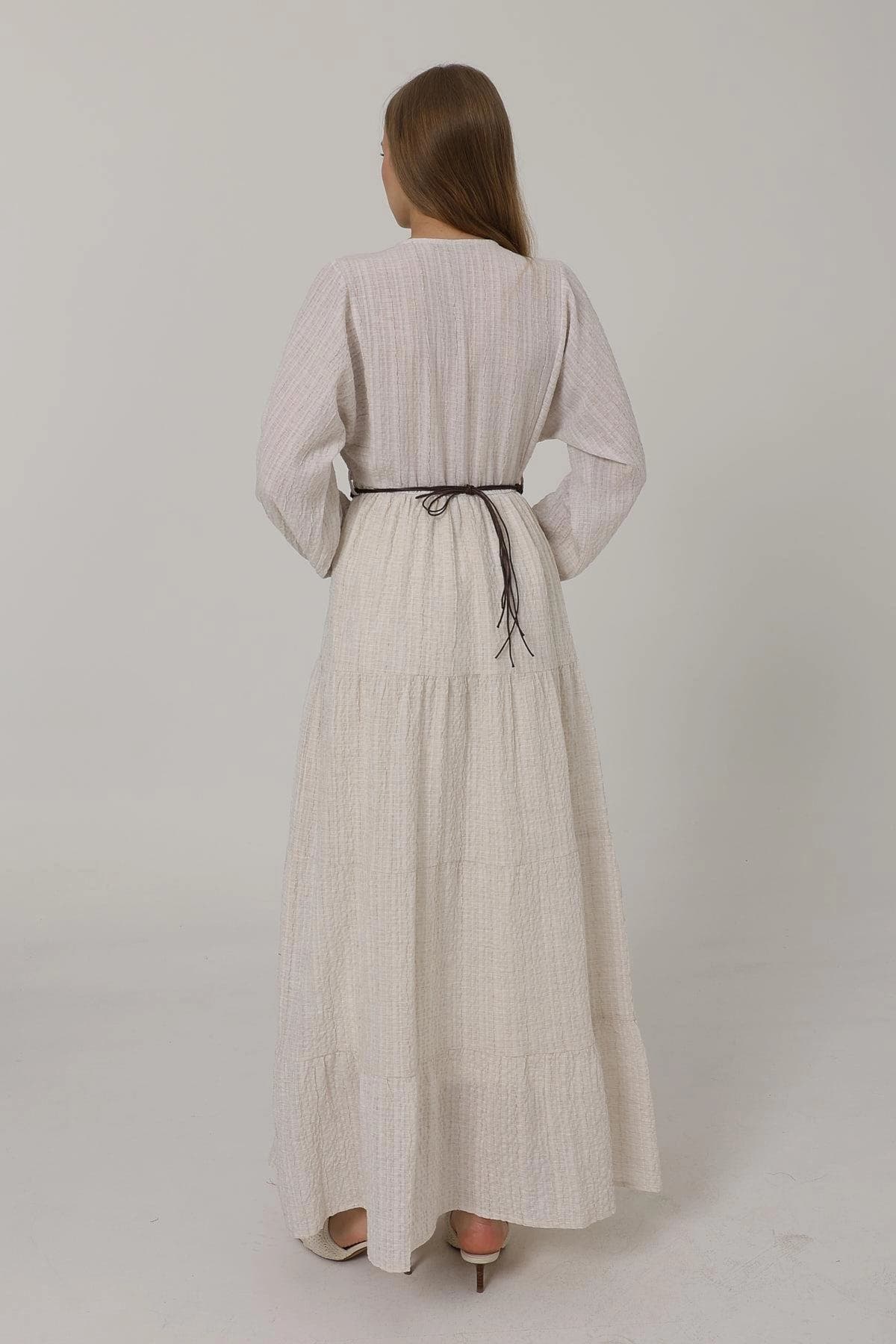 Boho Long Sleeve Tiered Maxi Dress with Button Front & Belt – Lightweight Cream Textured Summer Dress - görsel 3